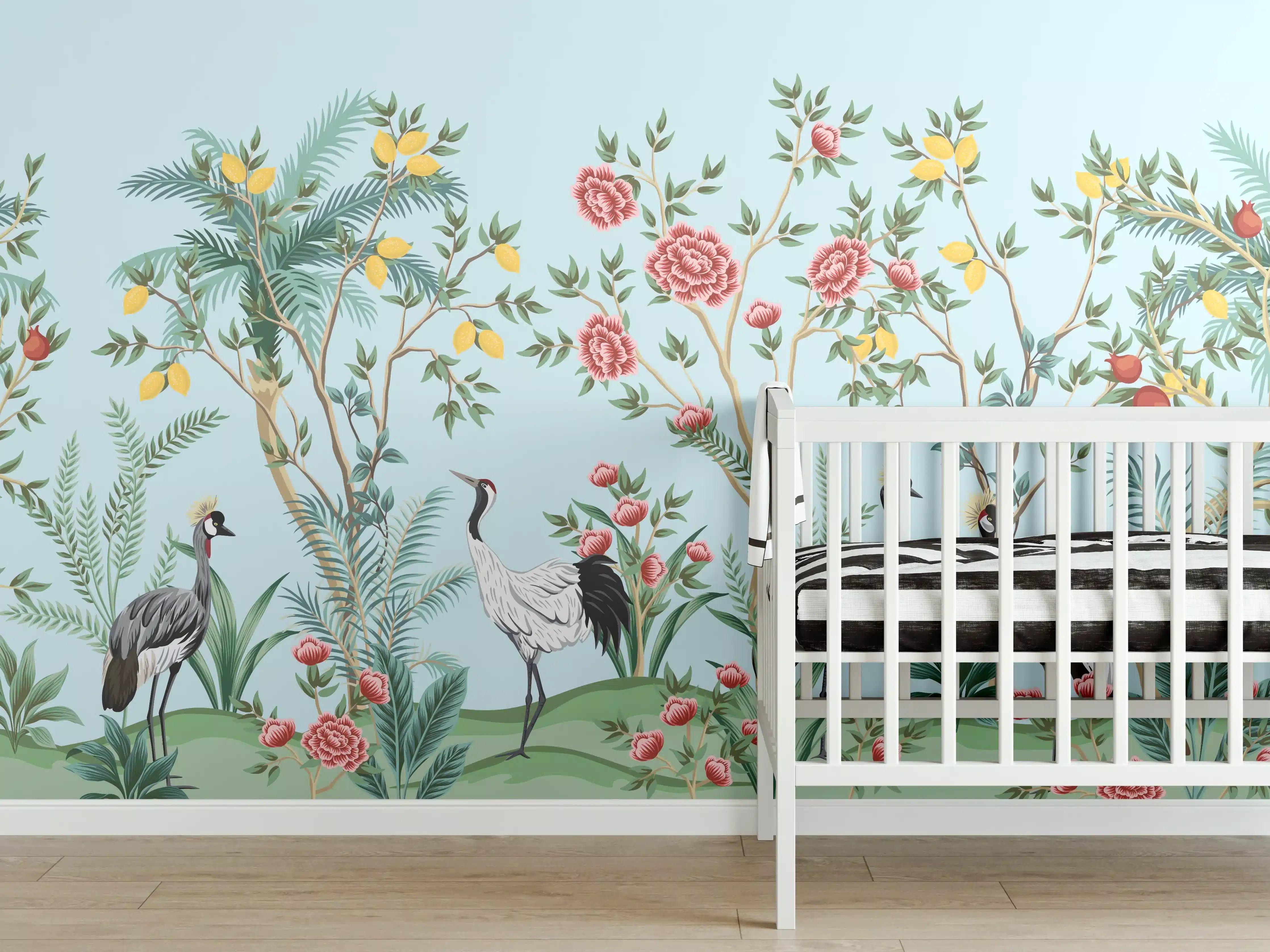 Babyzimmer Wandgestaltung - Exotische Vogel-Tapete