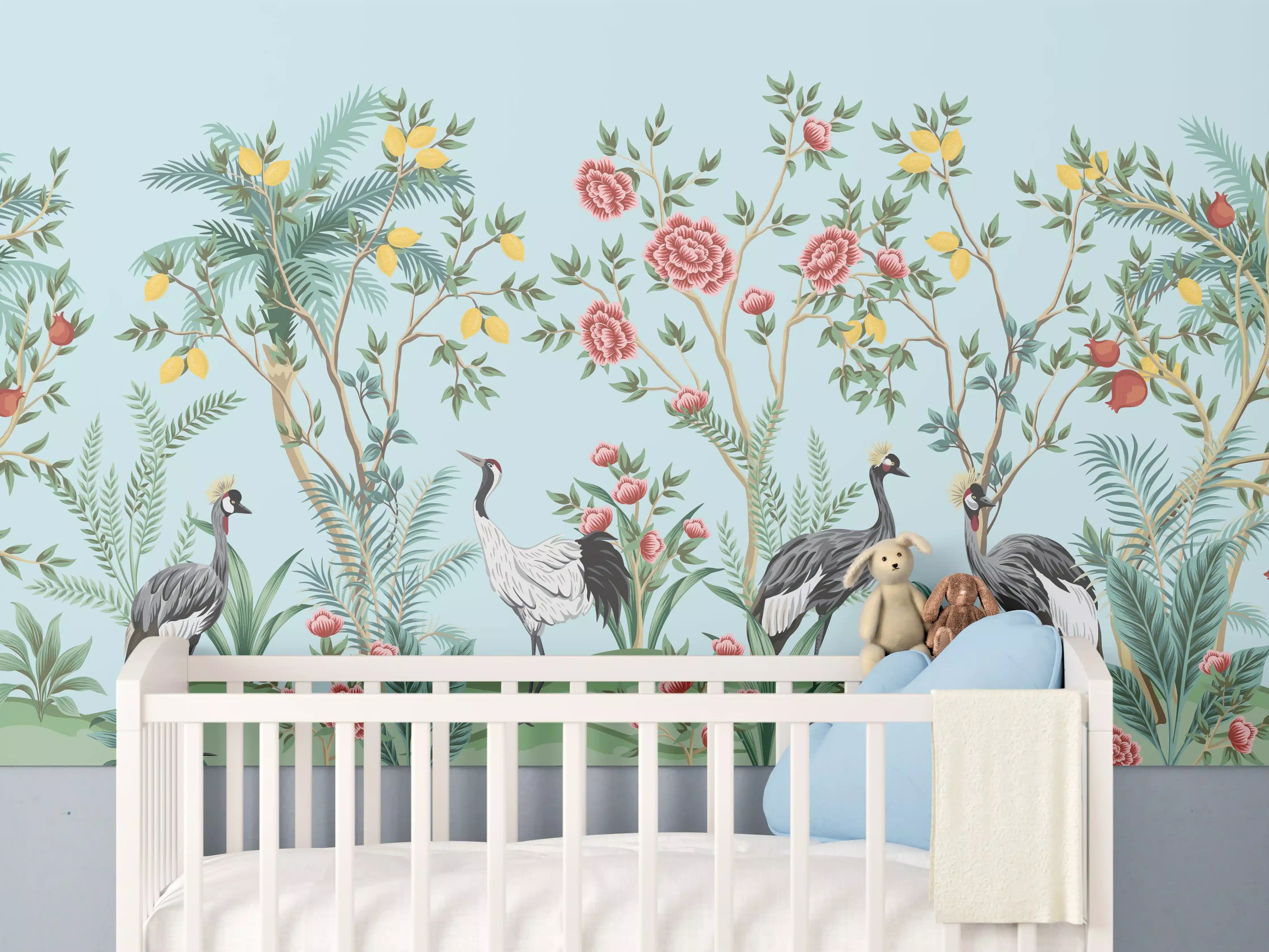 Babyzimmer Wandgestaltung - Exotische Vogel-Tapete