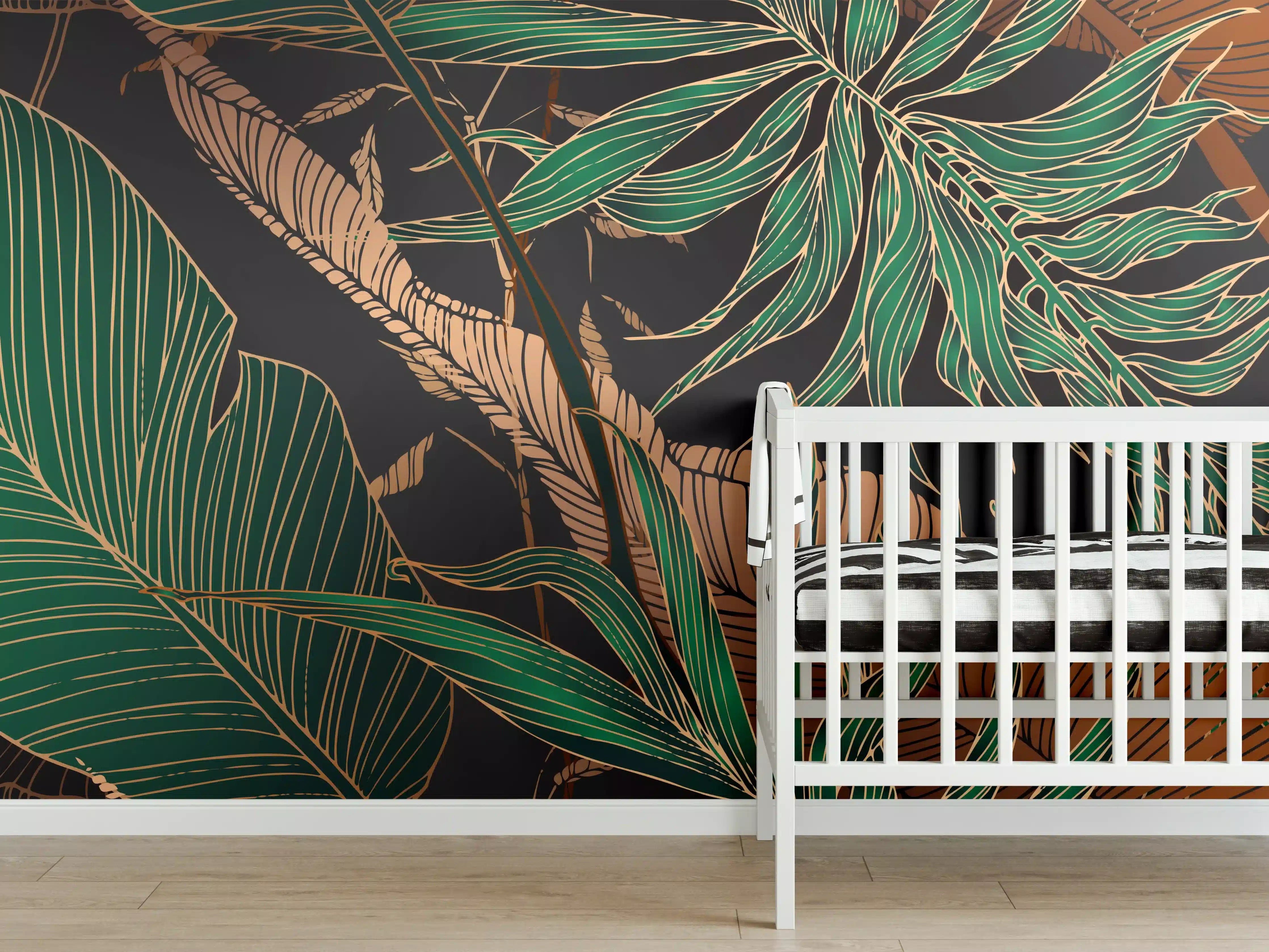 Babyzimmer Wandgestaltung - Exotisches Blattmuster Dunkel