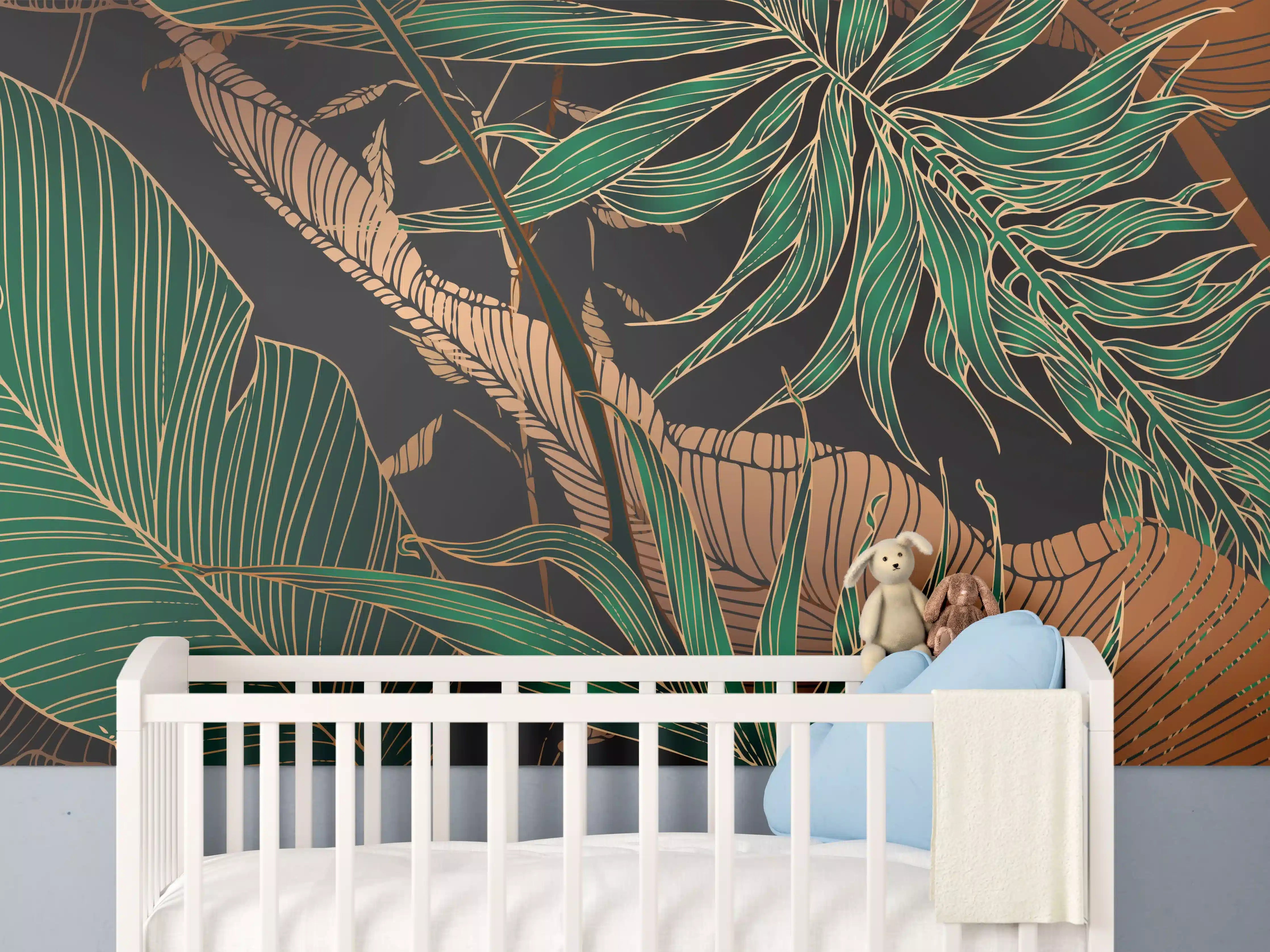 Babyzimmer Wandgestaltung - Exotisches Blattmuster Dunkel