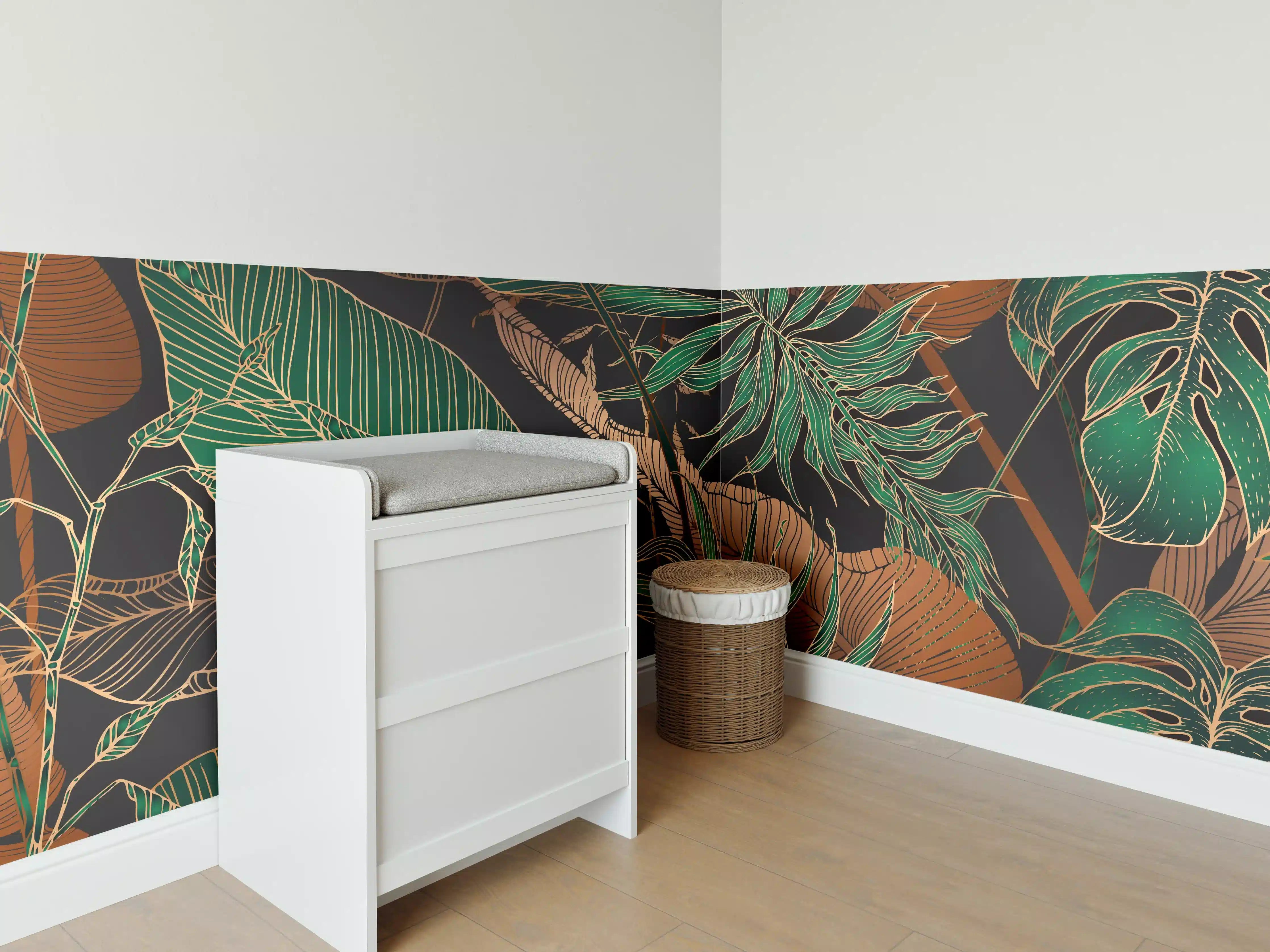 Babyzimmer Wandgestaltung - Exotisches Blattmuster Dunkel