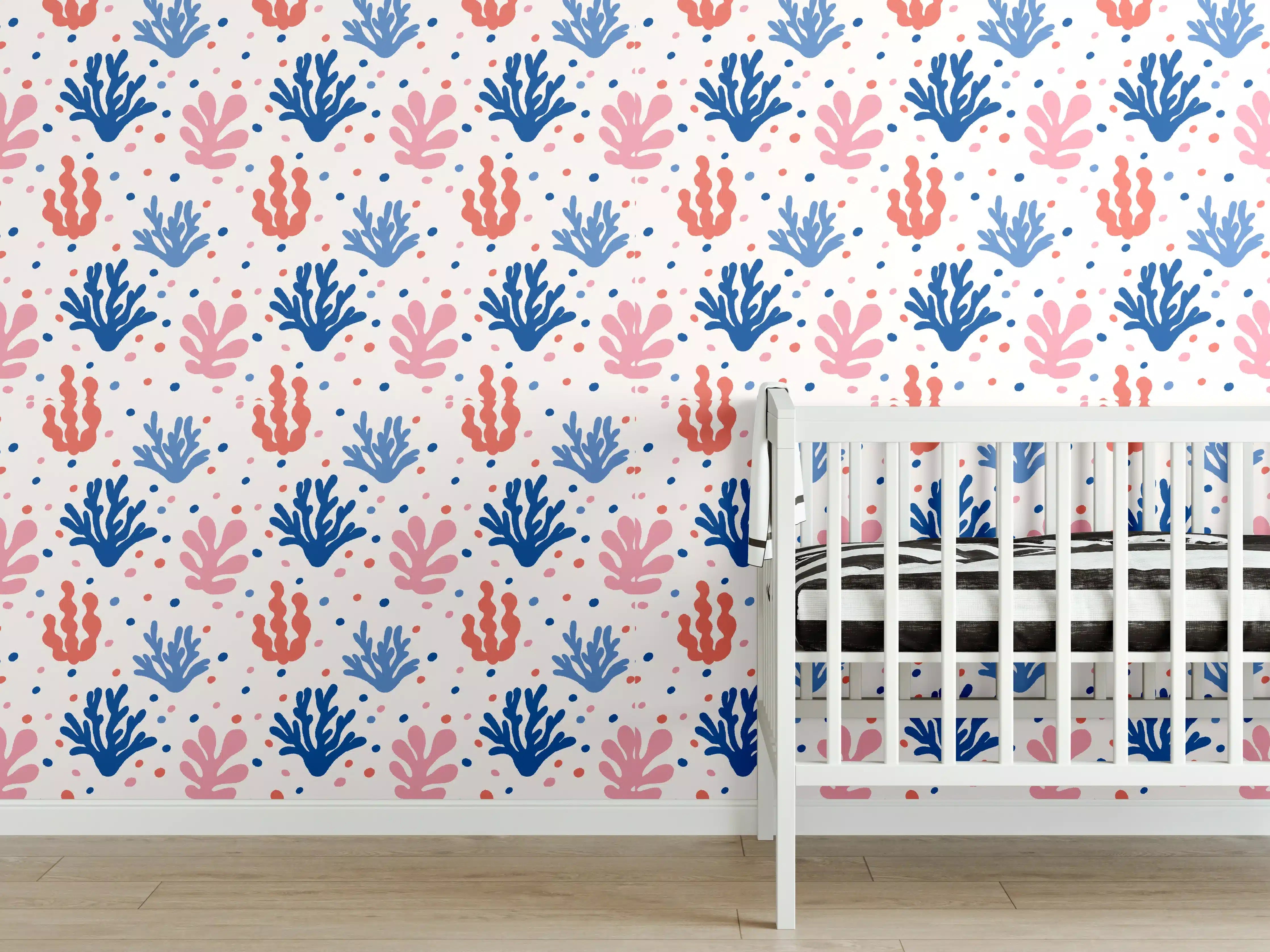 Babyzimmer Wandgestaltung - Exotisches Korallen-Design in Blau und Rosa