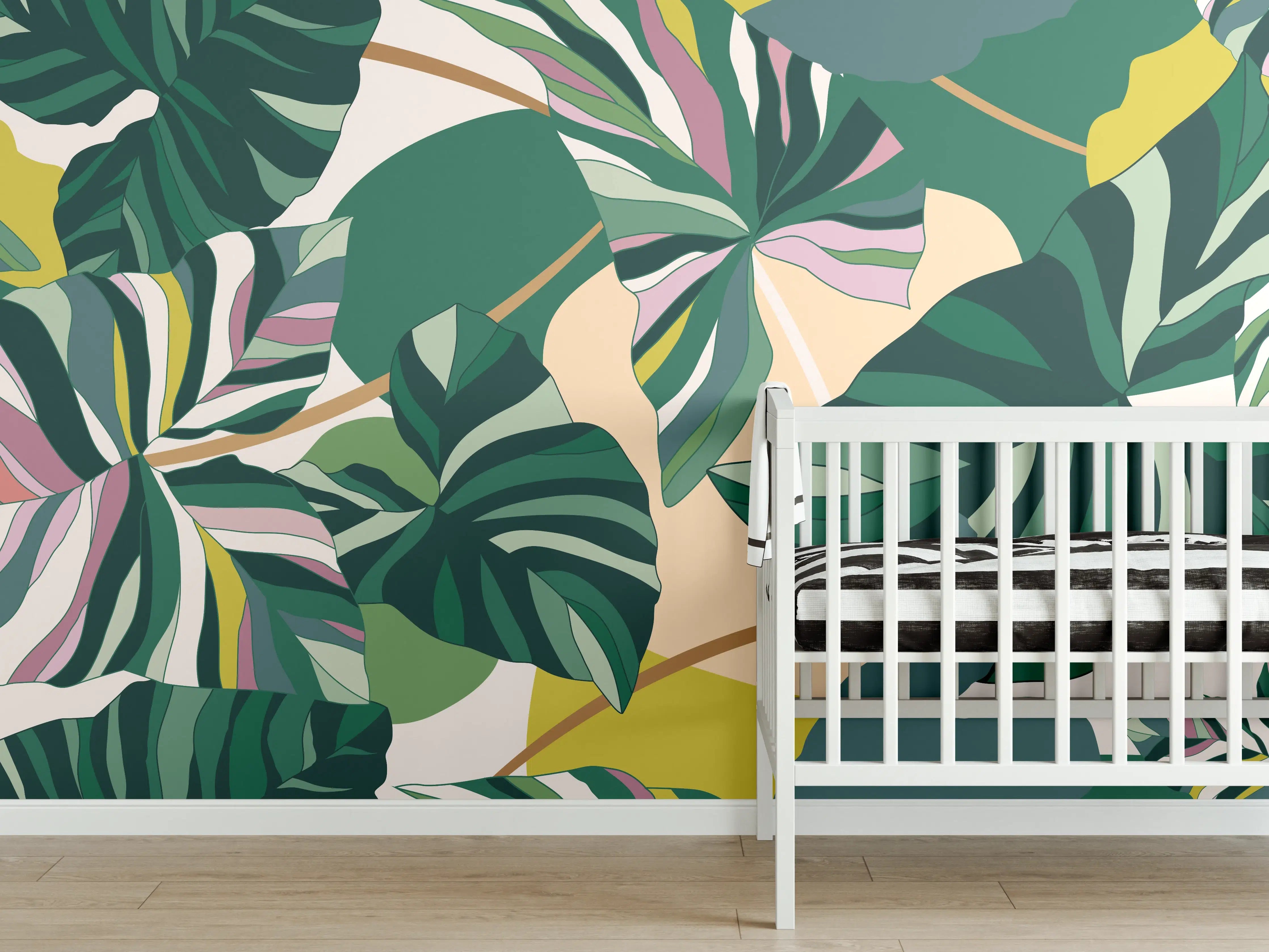 Babyzimmer Wandgestaltung - Exotisches Monstera Blattdesign