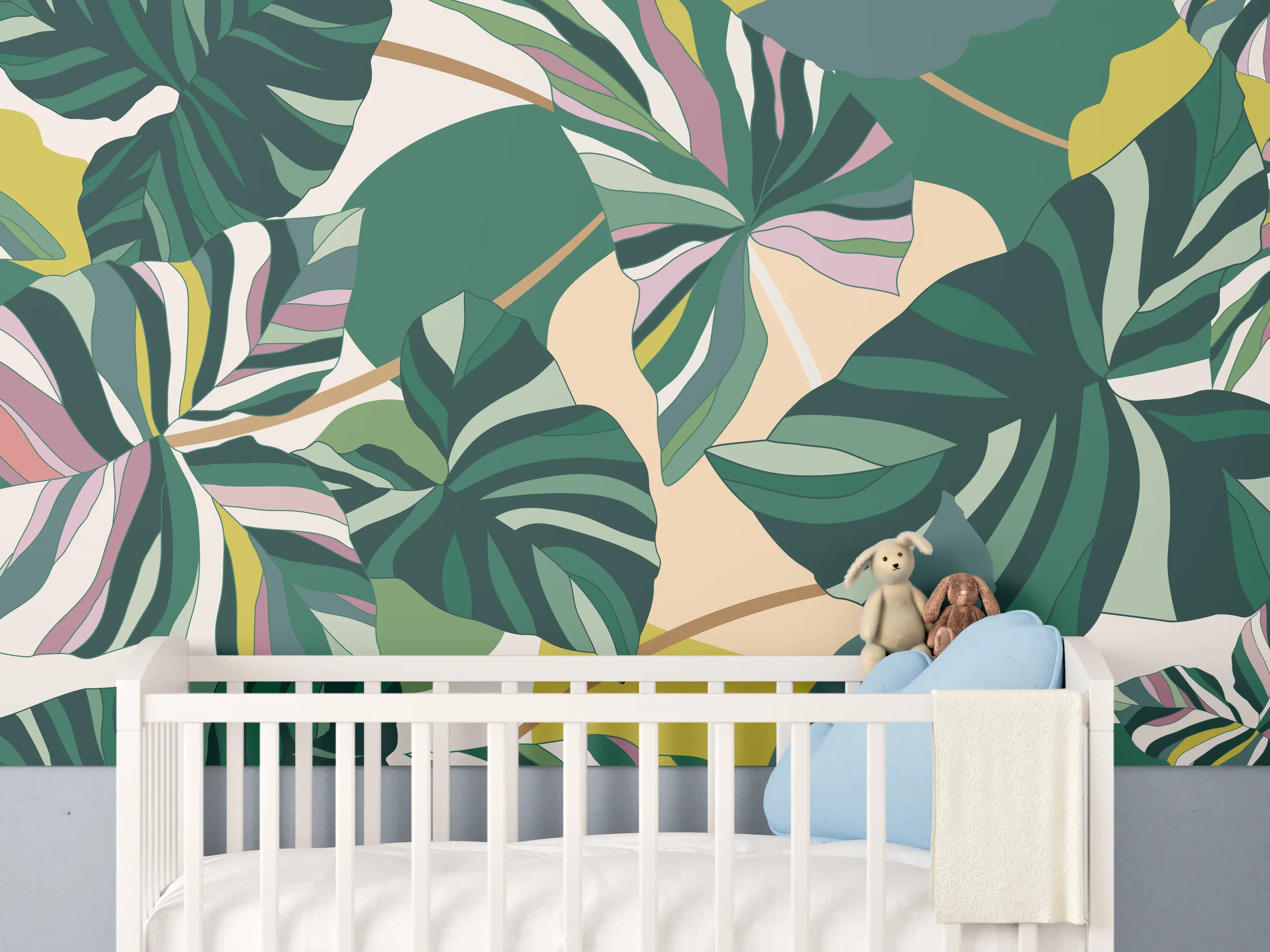 Babyzimmer Wandgestaltung - Exotisches Monstera Blattdesign