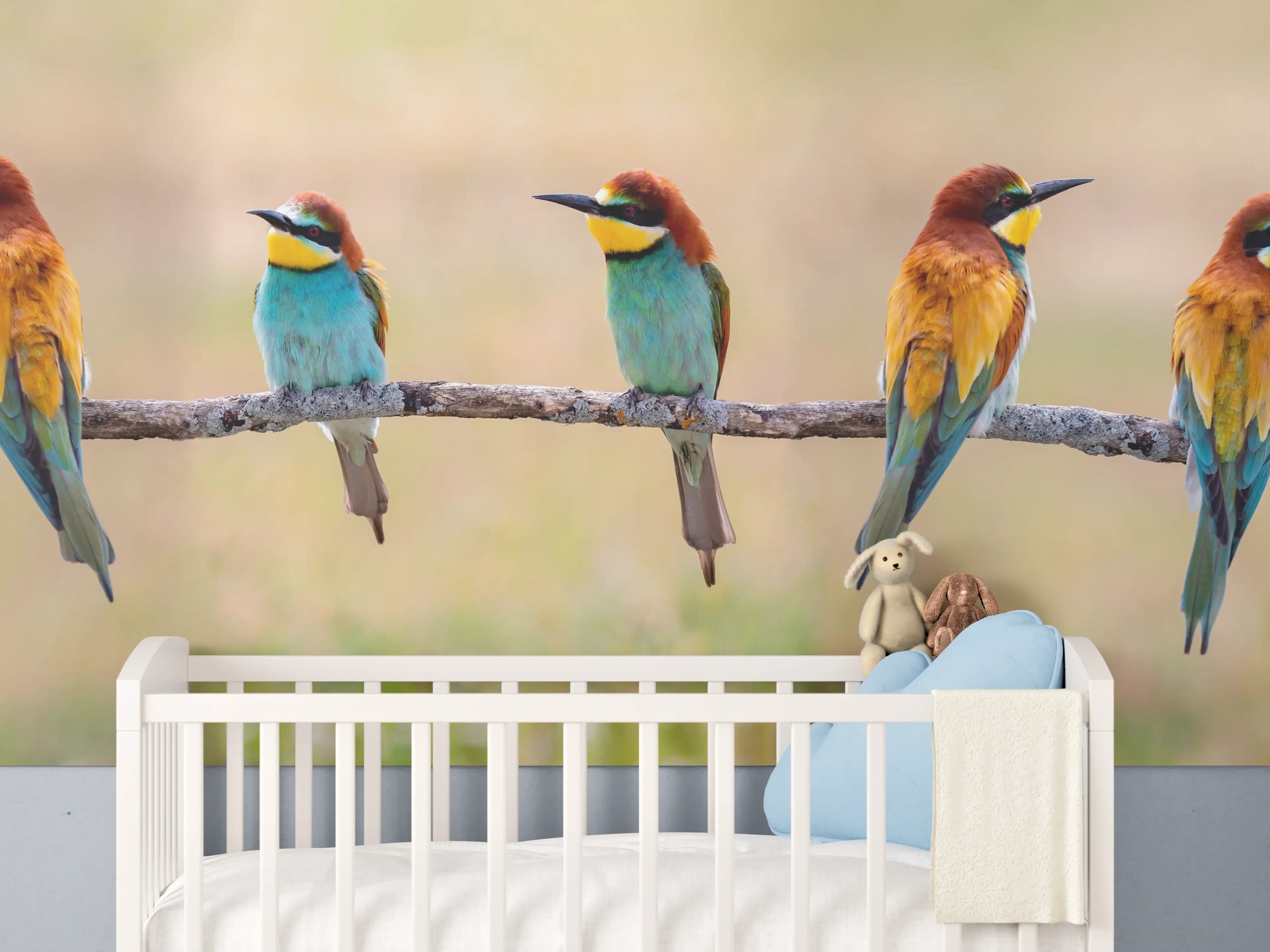 Babyzimmer Wandgestaltung - Familie von Bienenfressern auf Ast