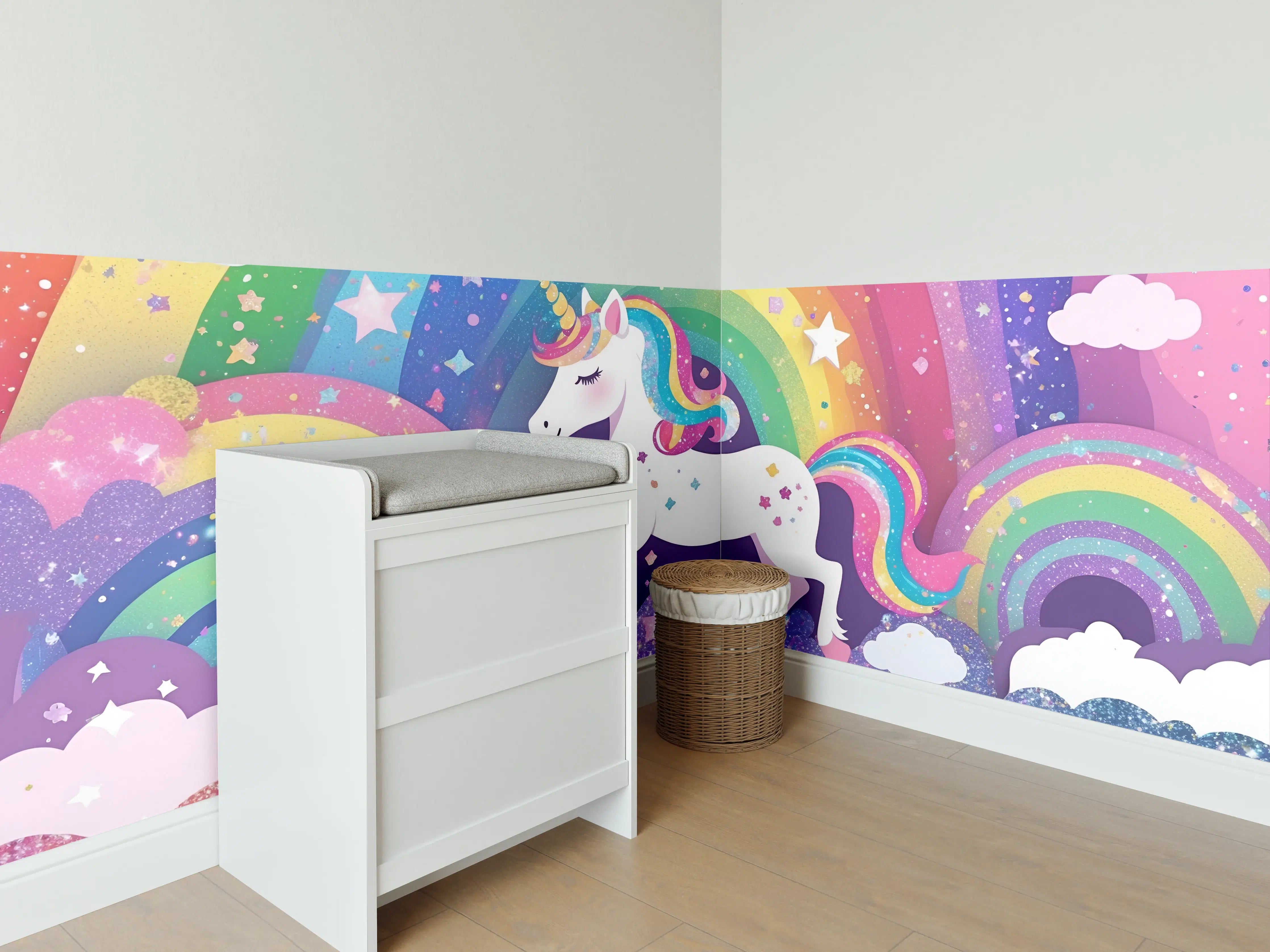 Babyzimmer Wandgestaltung - Fantasievolles Einhorn mit Regenbogenszene