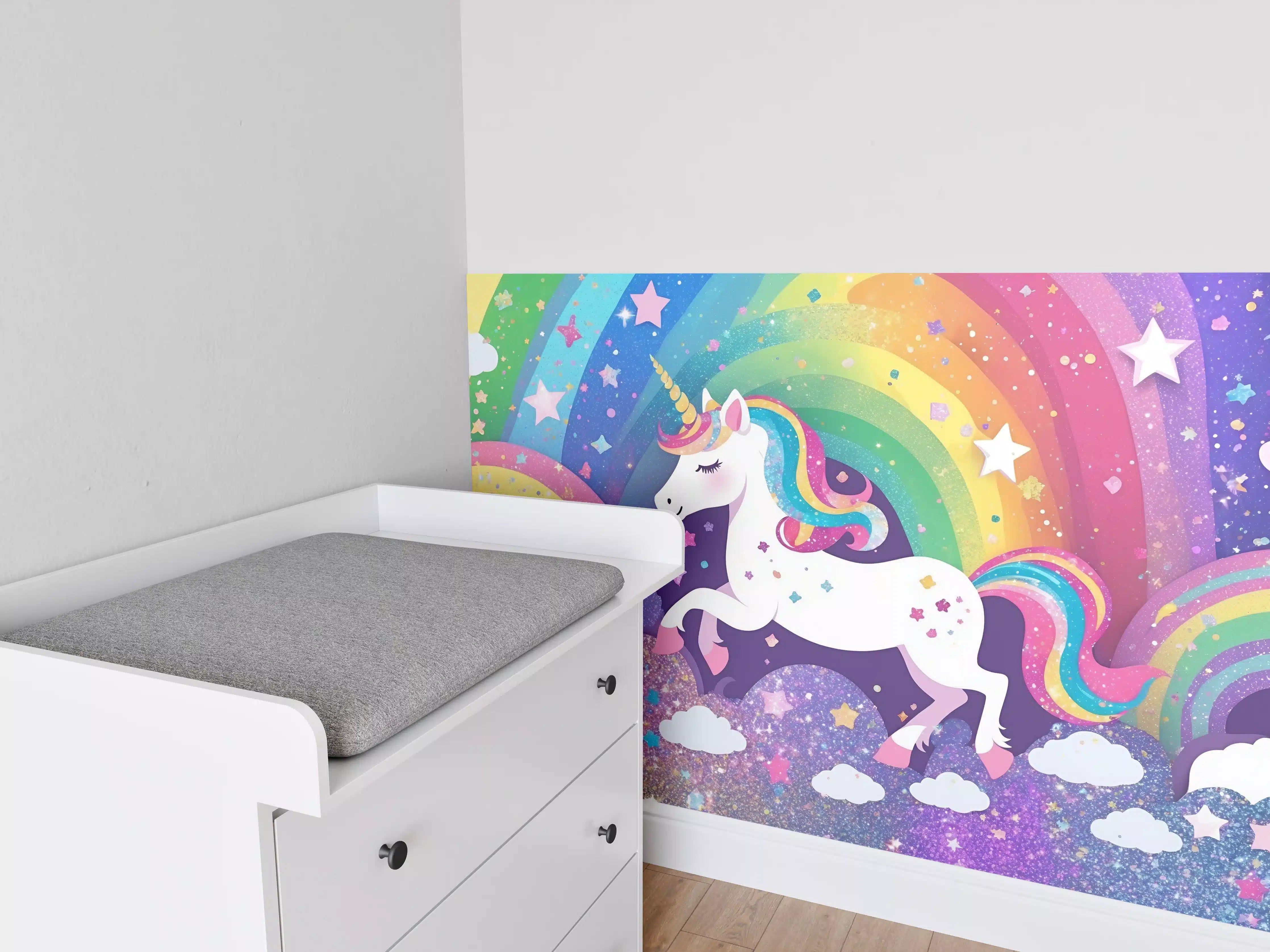 Babyzimmer Wandgestaltung - Fantasievolles Einhorn mit Regenbogenszene