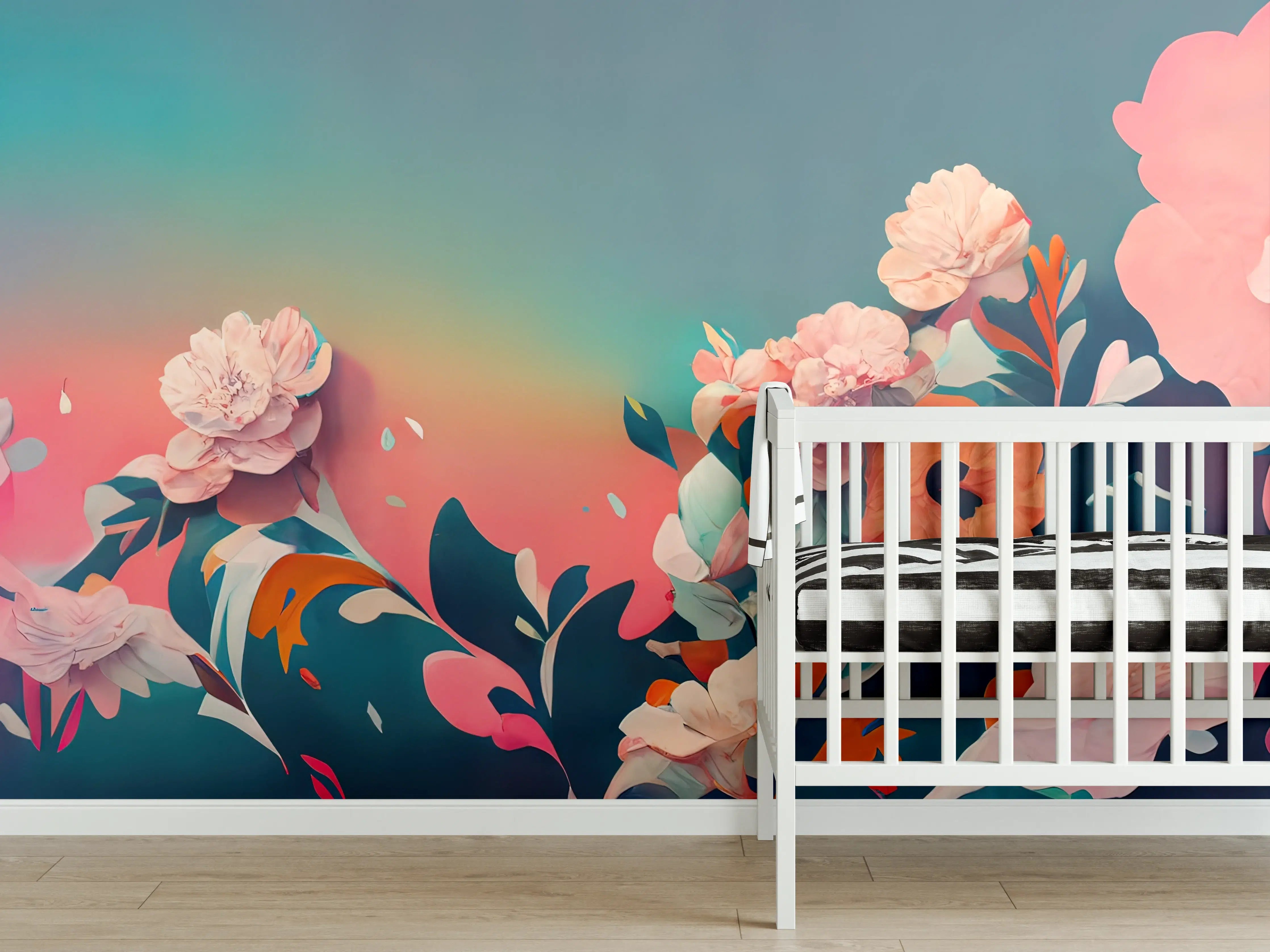 Babyzimmer Wandgestaltung - Farbenfrohe Blumenkomposition in sanften Tönen