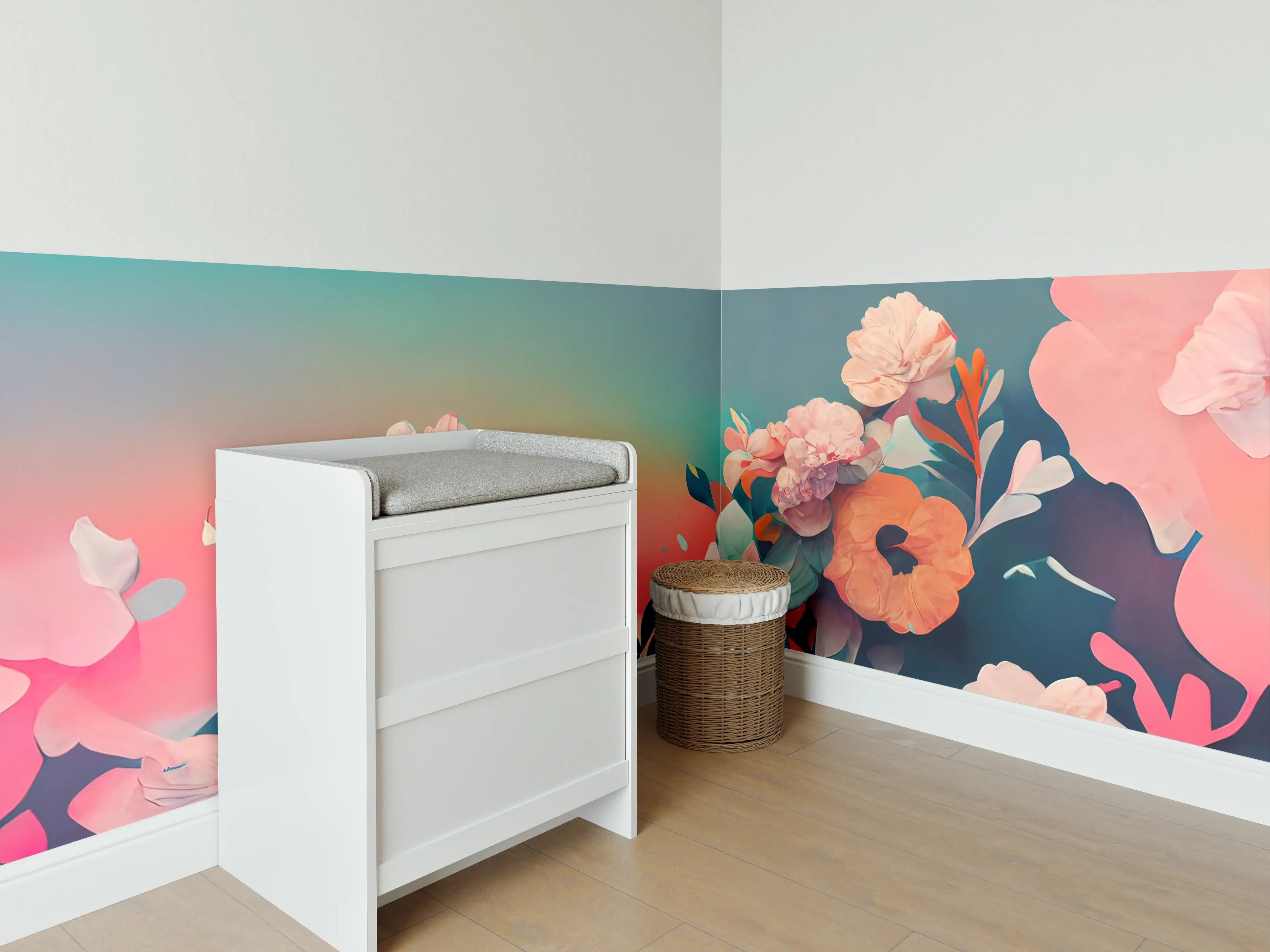 Babyzimmer Wandgestaltung - Farbenfrohe Blumenkomposition in sanften Tönen