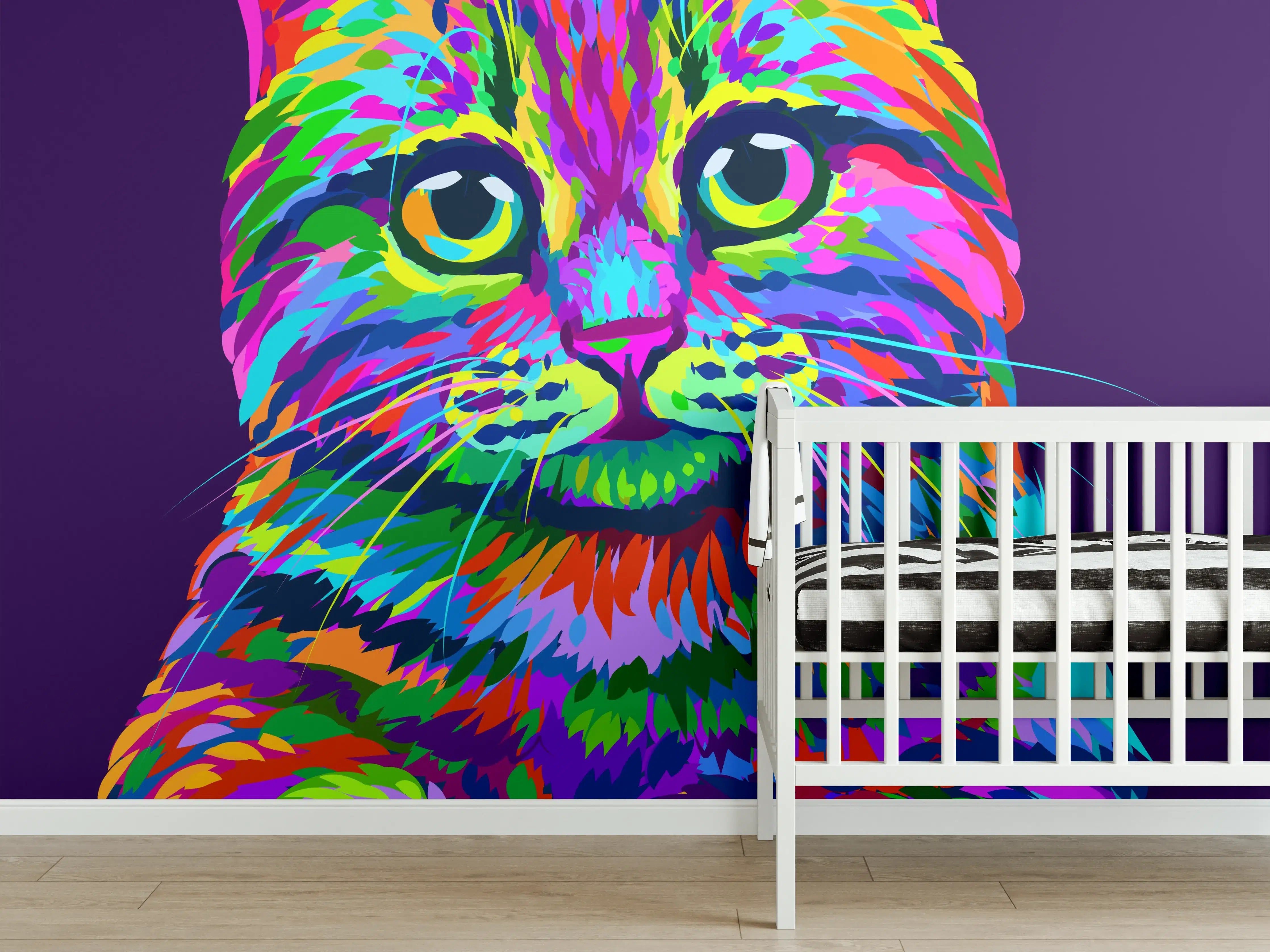 Babyzimmer Wandgestaltung - Farbenfrohe Neon-Katzen-Illustration