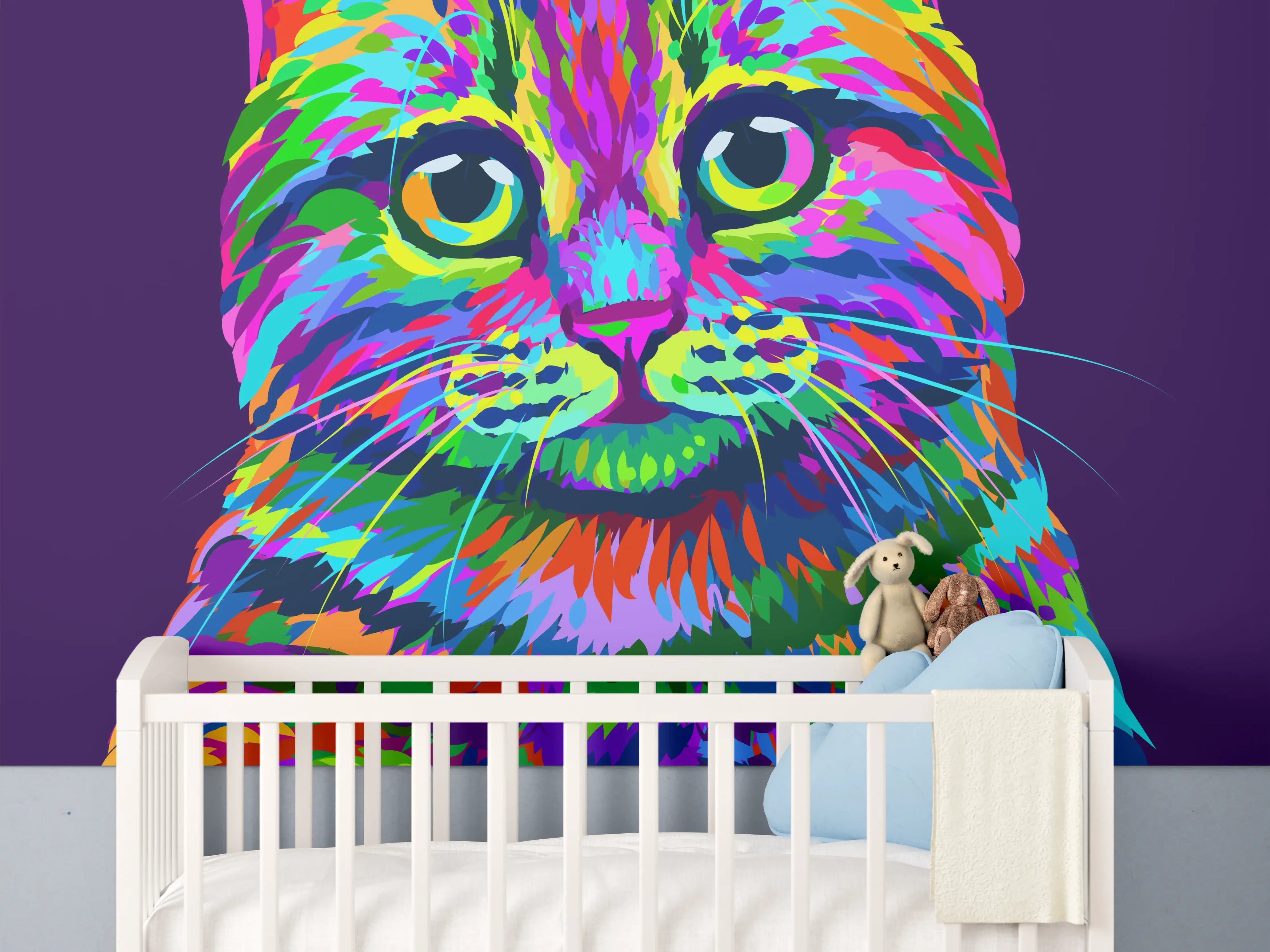 Babyzimmer Wandgestaltung - Farbenfrohe Neon-Katzen-Illustration