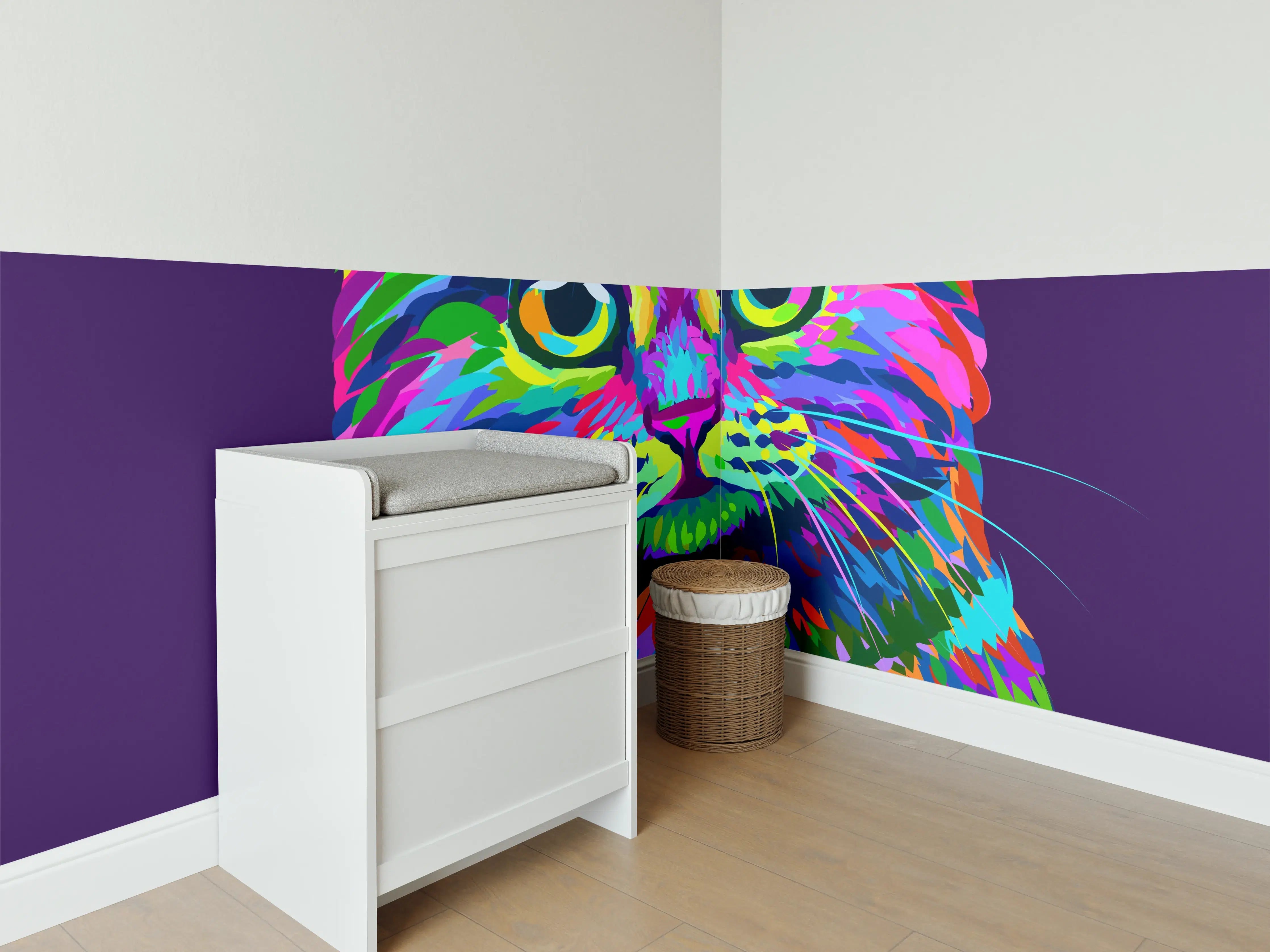 Babyzimmer Wandgestaltung - Farbenfrohe Neon-Katzen-Illustration