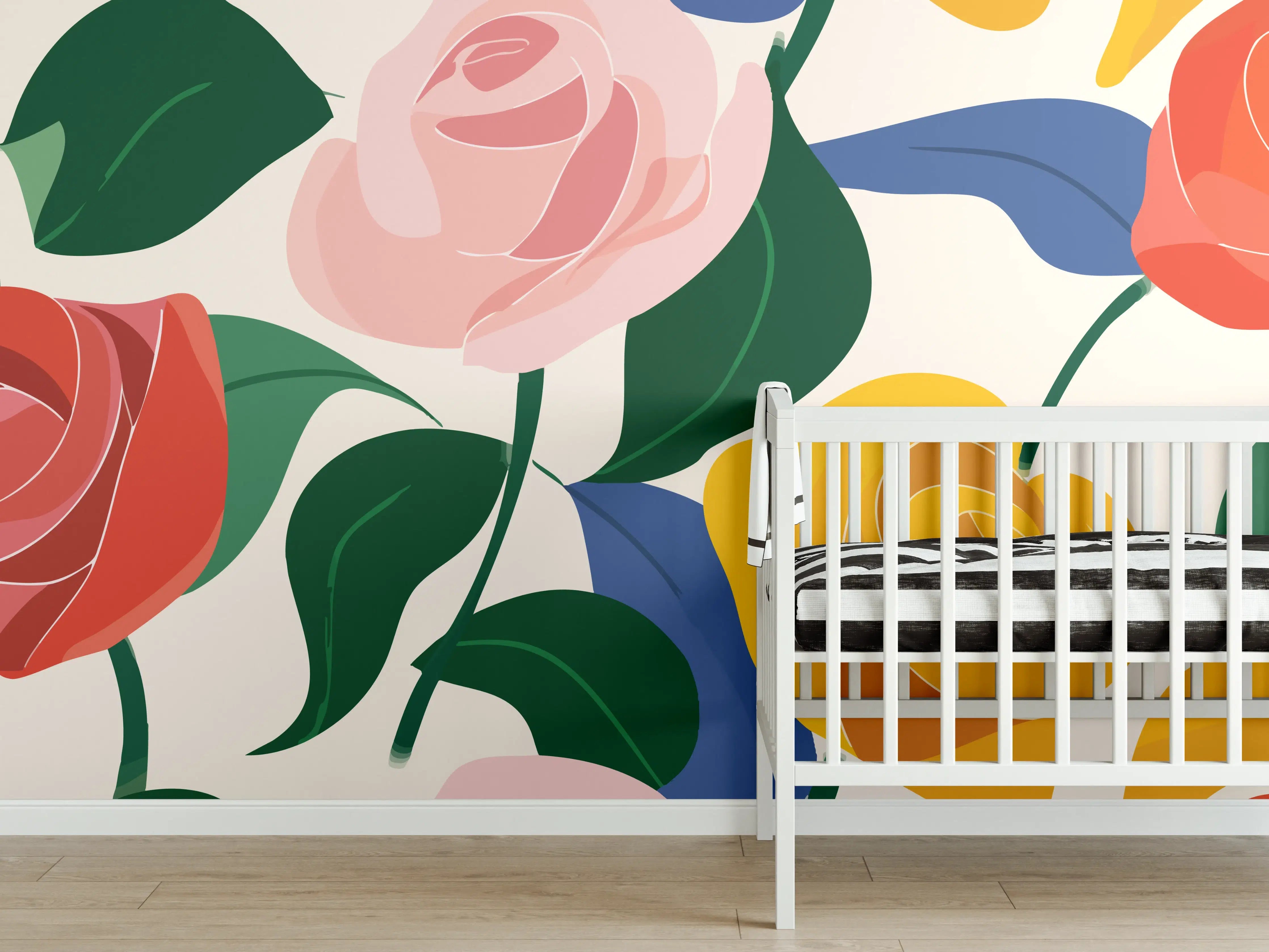Babyzimmer Wandgestaltung - Farbenfrohe Rosenstrauß-Darstellung
