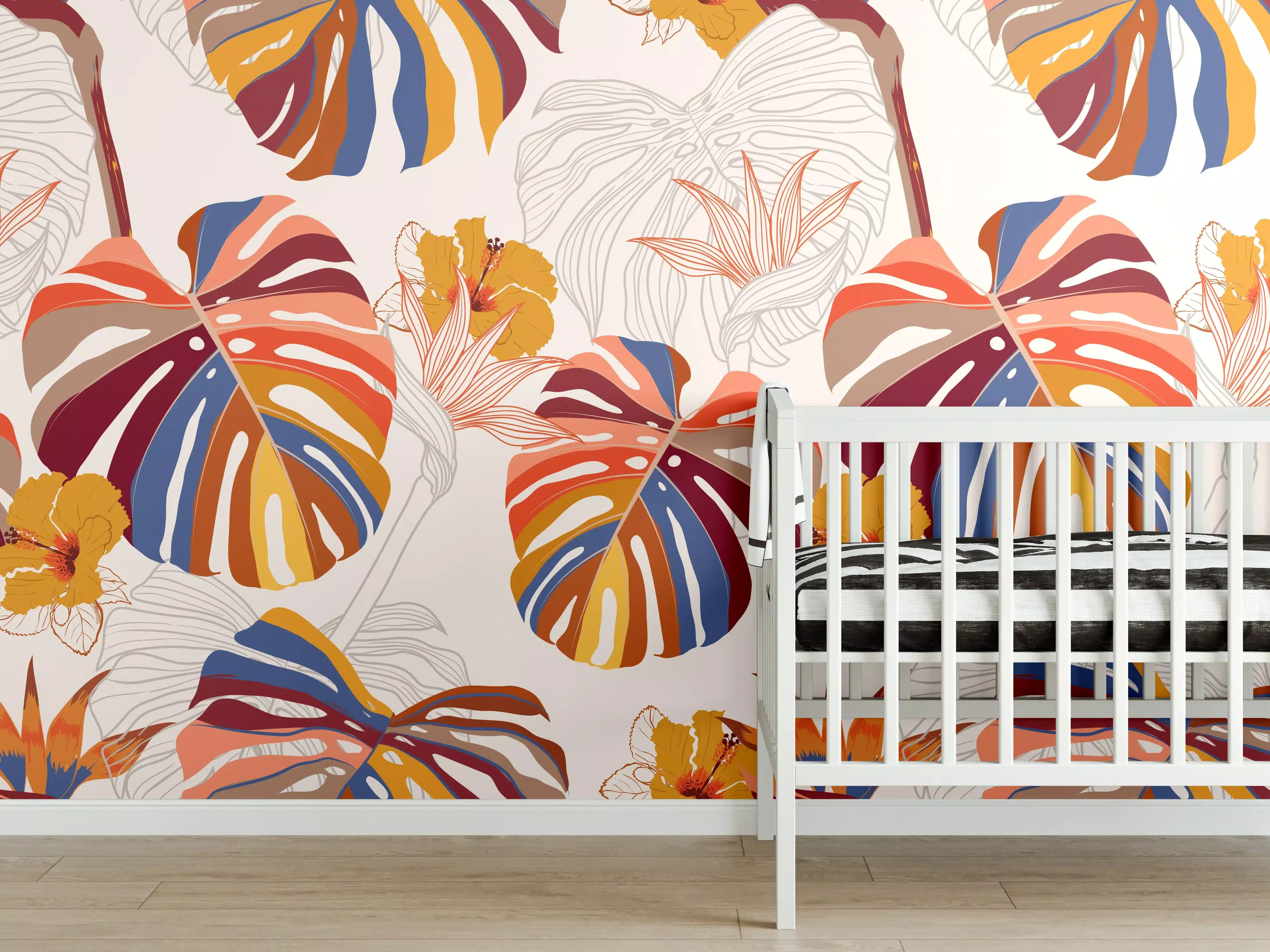 Babyzimmer Wandgestaltung - Farbenfrohe Tropenblätter mit Blüten