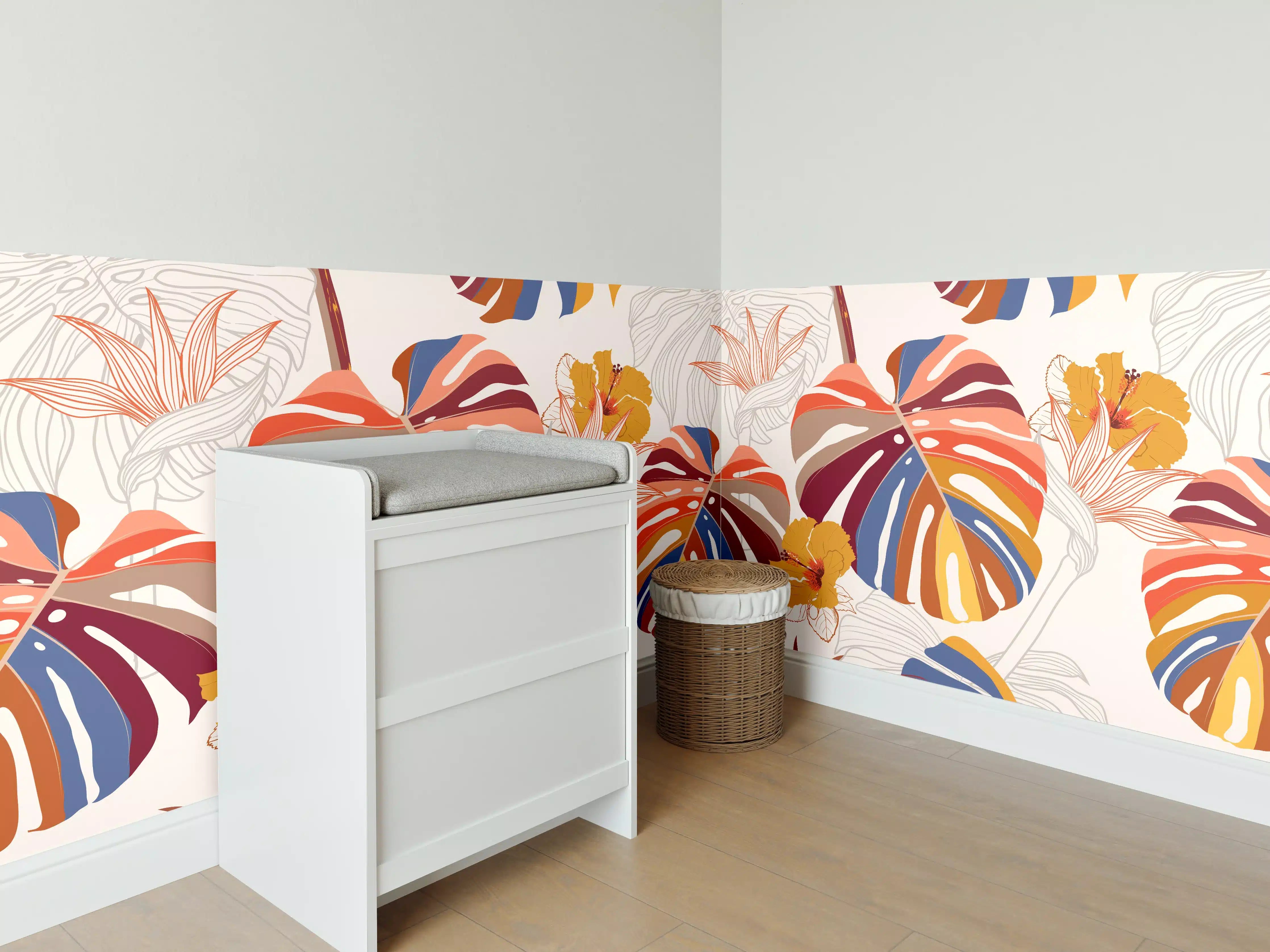 Babyzimmer Wandgestaltung - Farbenfrohe Tropenblätter mit Blüten