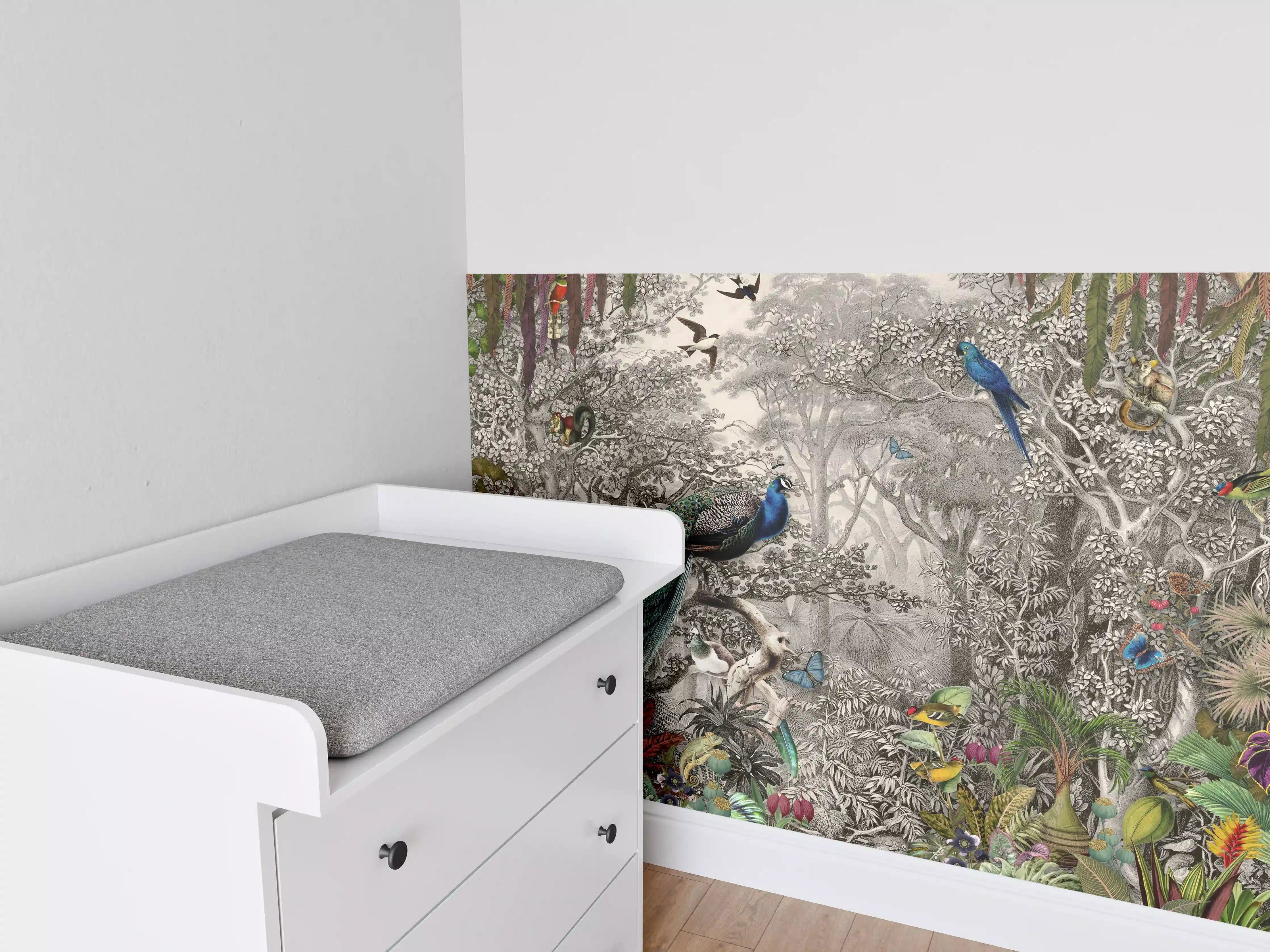 Babyzimmer Wandgestaltung - Farbenfrohe exotische Vogel- und Pflanzenwelt