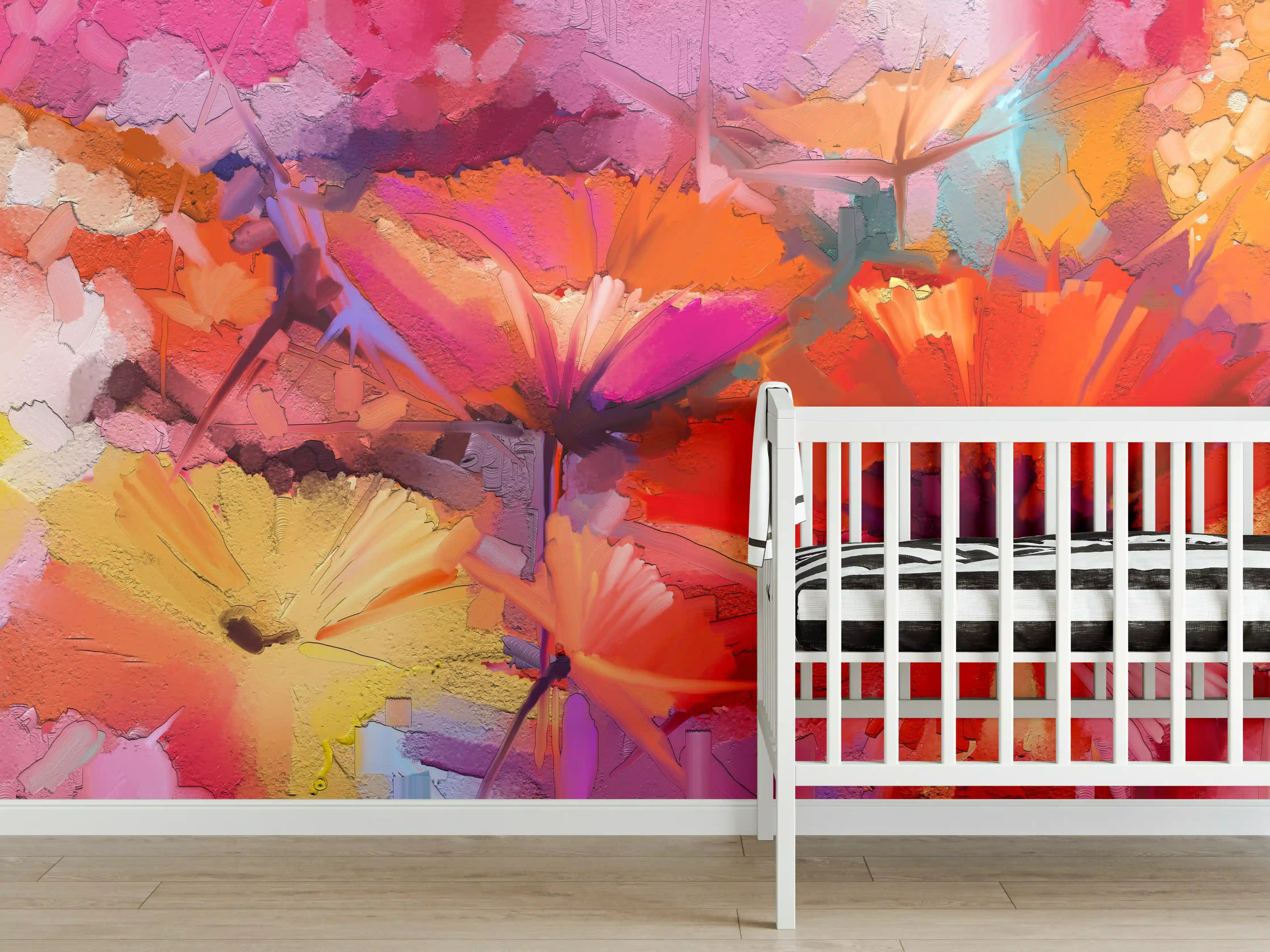 Babyzimmer Wandgestaltung - Farbenfrohes Gemälde von Frühlingsblumen
