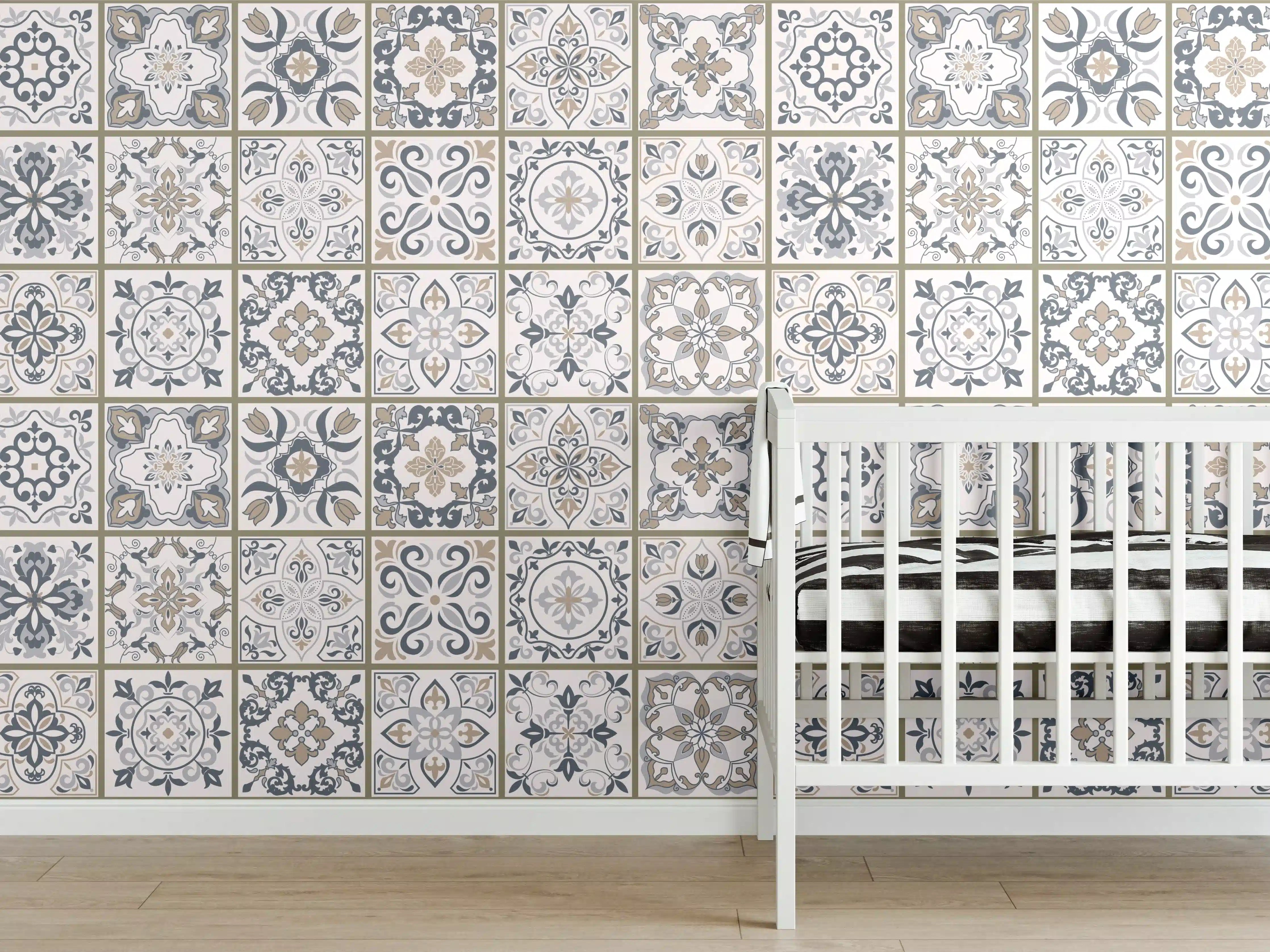 Babyzimmer Wandgestaltung - Feine Grautöne im geometrischen Weißmuster