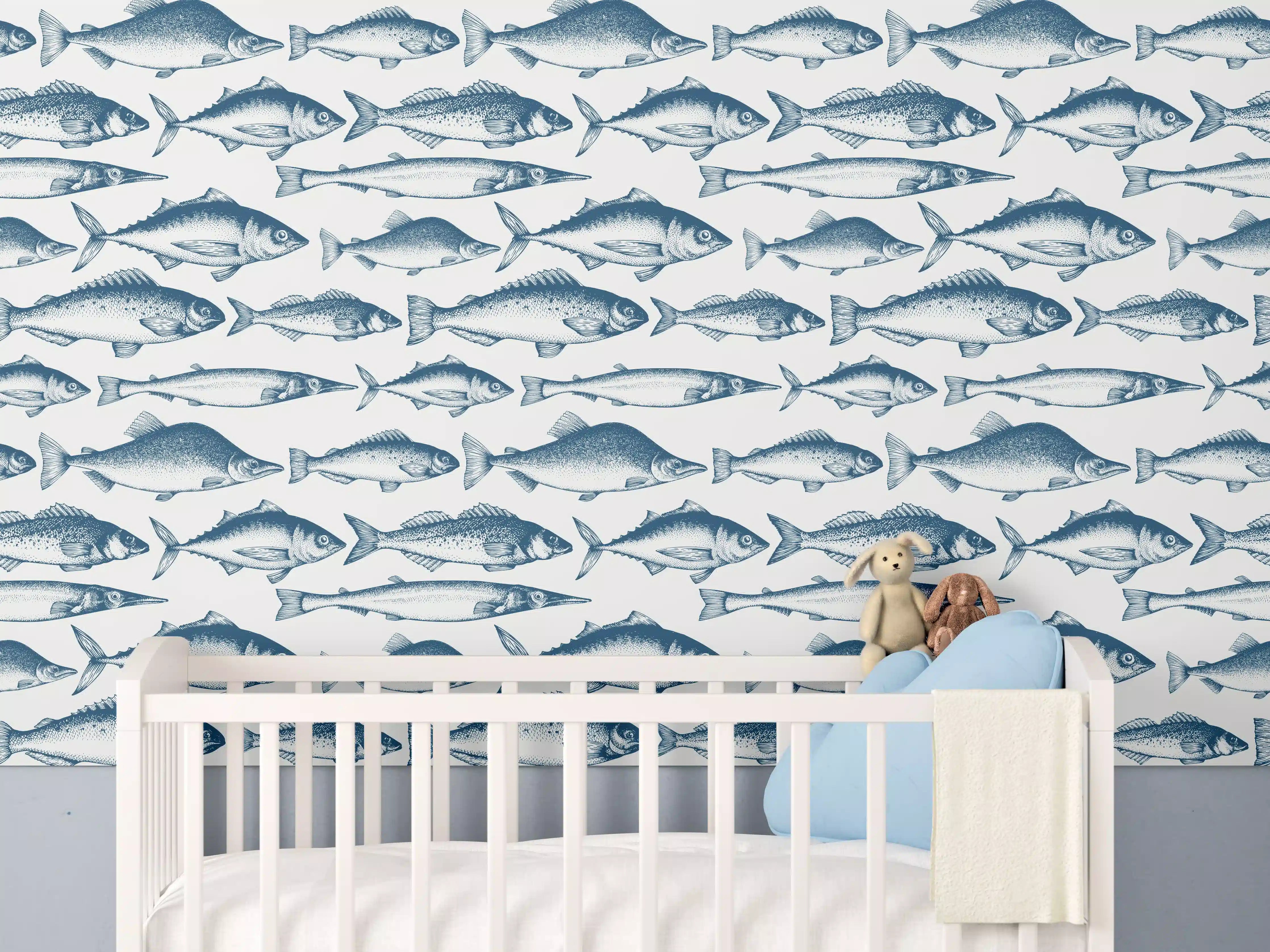 Babyzimmer Wandgestaltung - Fisch-Design in Blau und Weiß