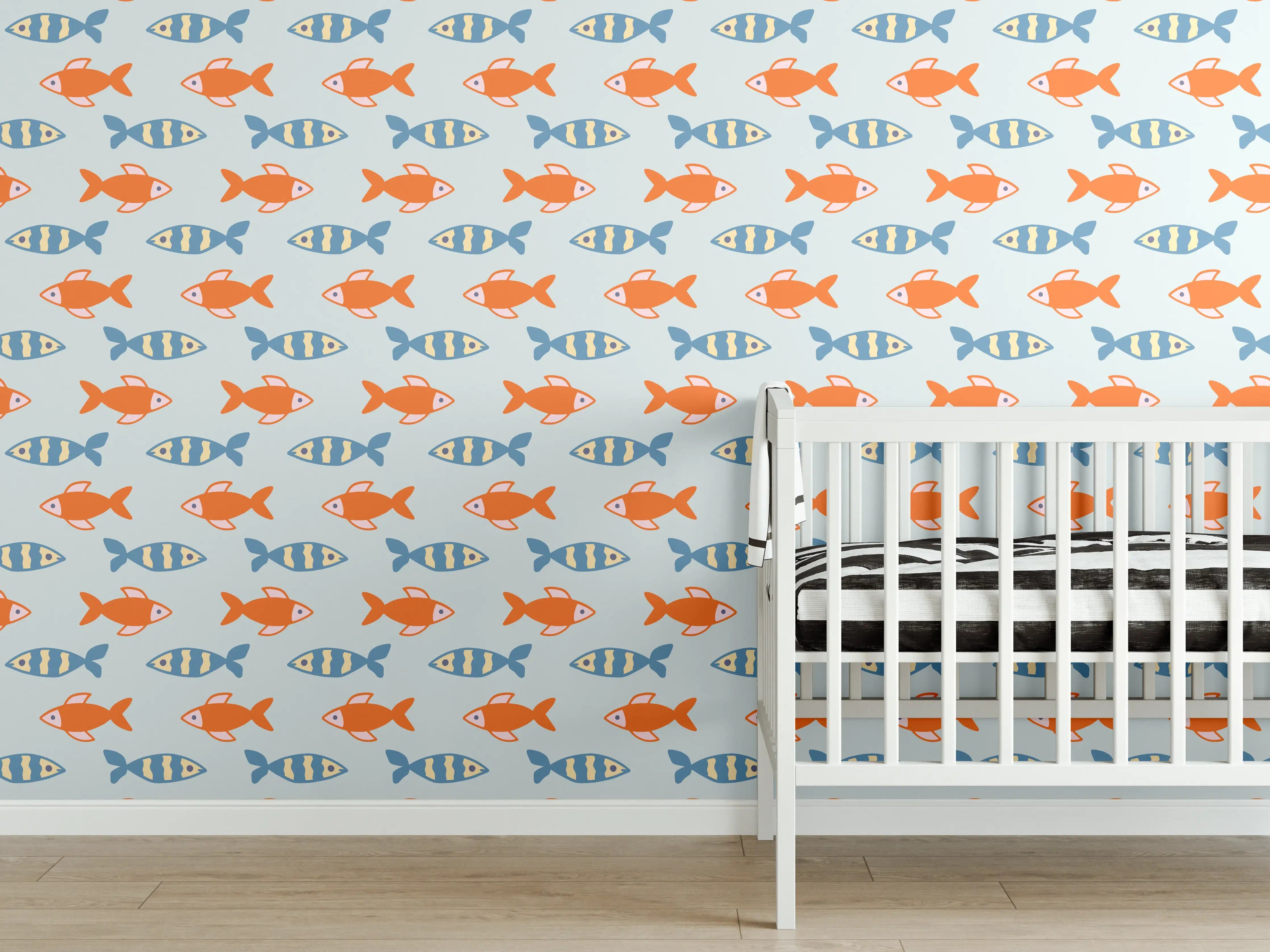 Babyzimmer Wandgestaltung - Fischmuster Orange-Blau