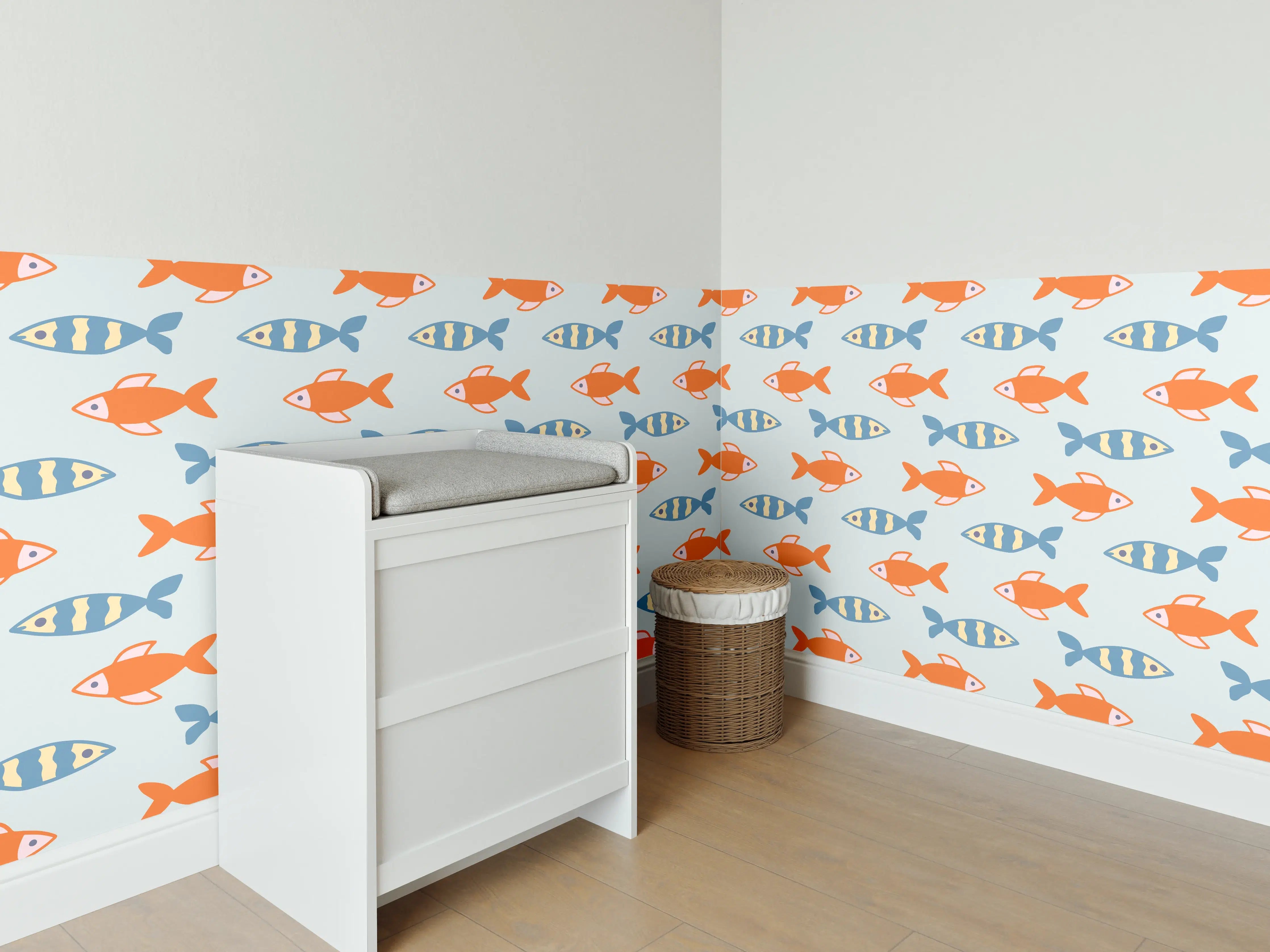 Babyzimmer Wandgestaltung - Fischmuster Orange-Blau