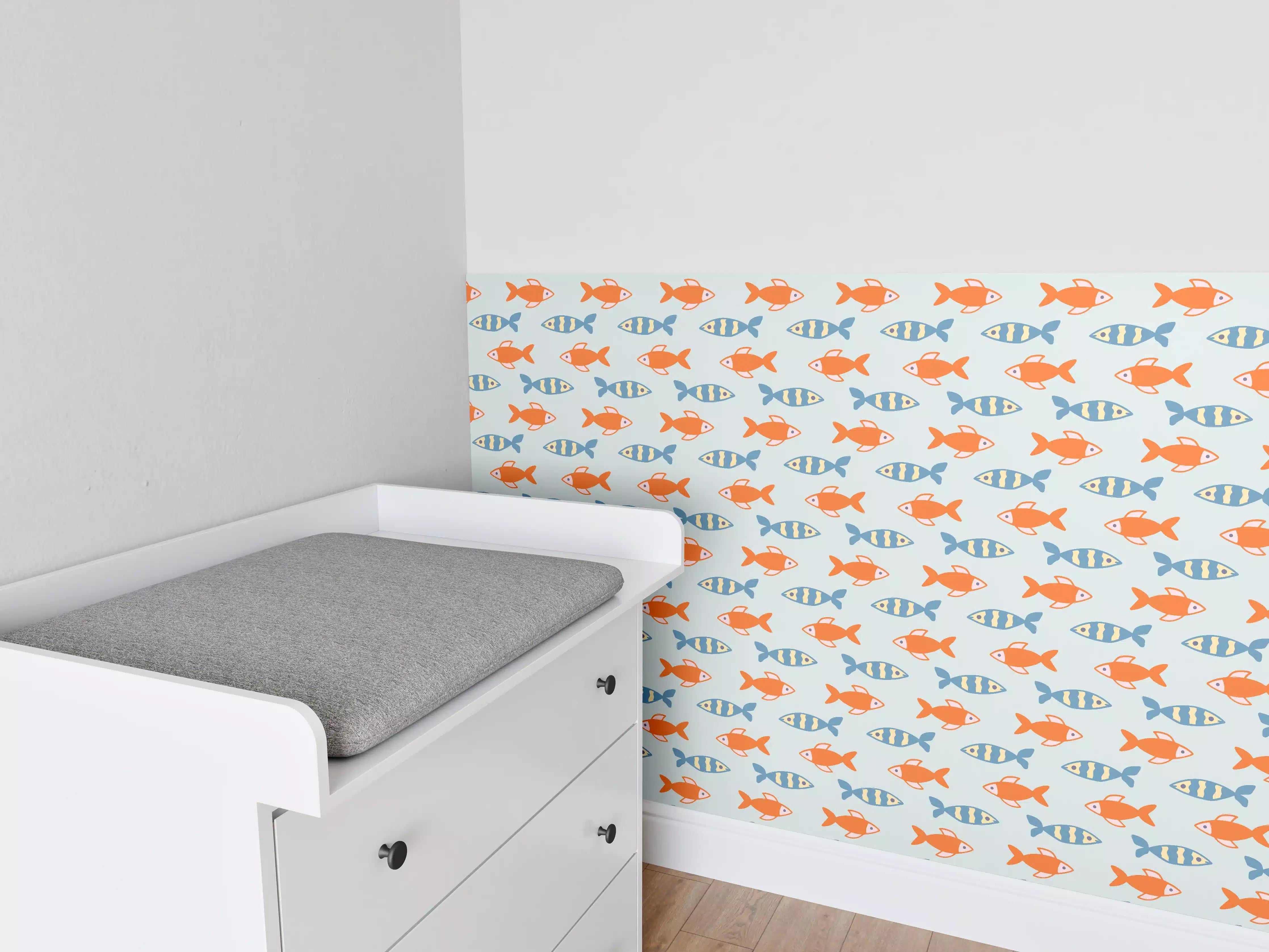 Babyzimmer Wandgestaltung - Fischmuster Orange-Blau