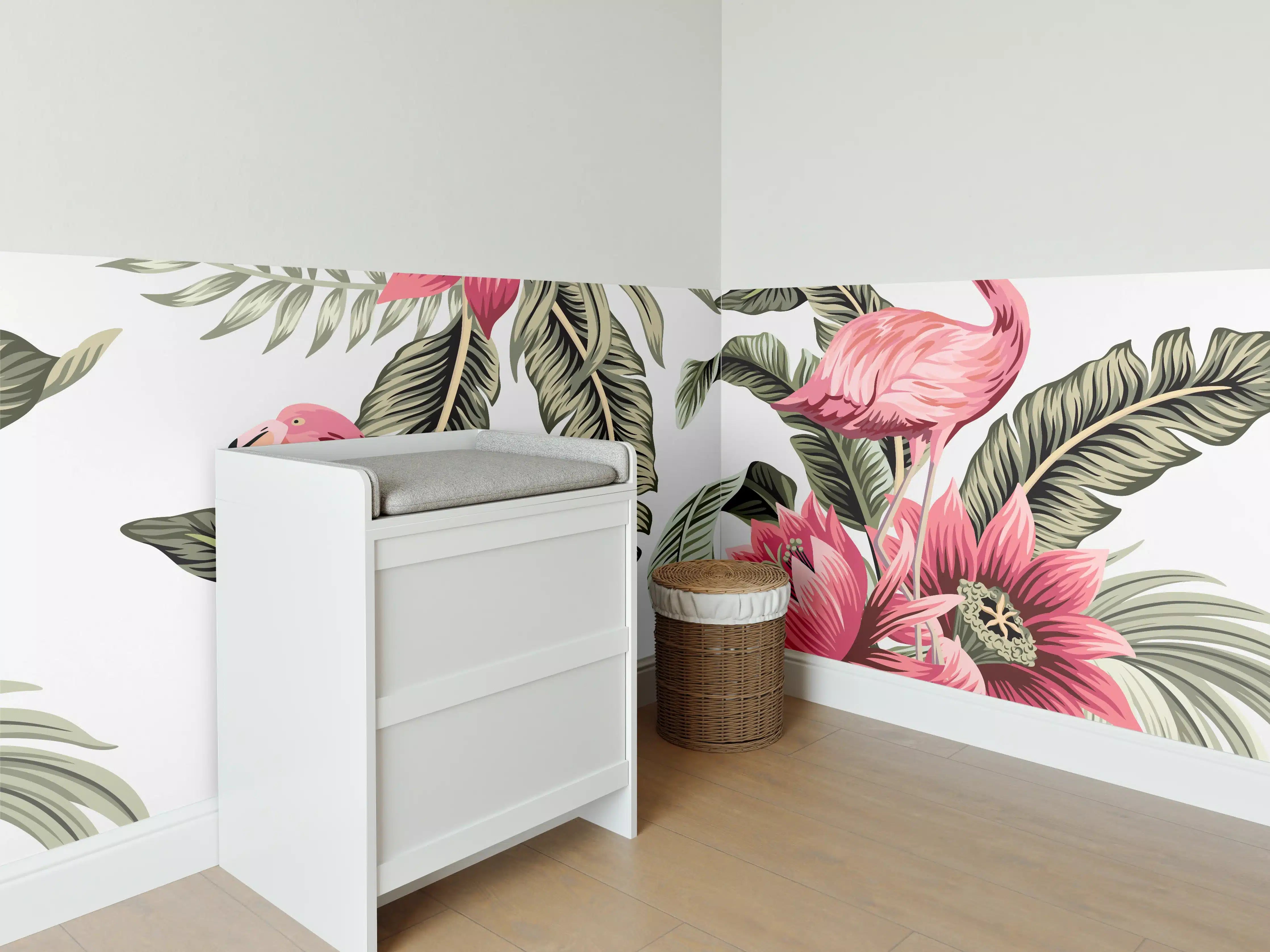 Babyzimmer Wandgestaltung - Flamingo & Tropenblumen Muster