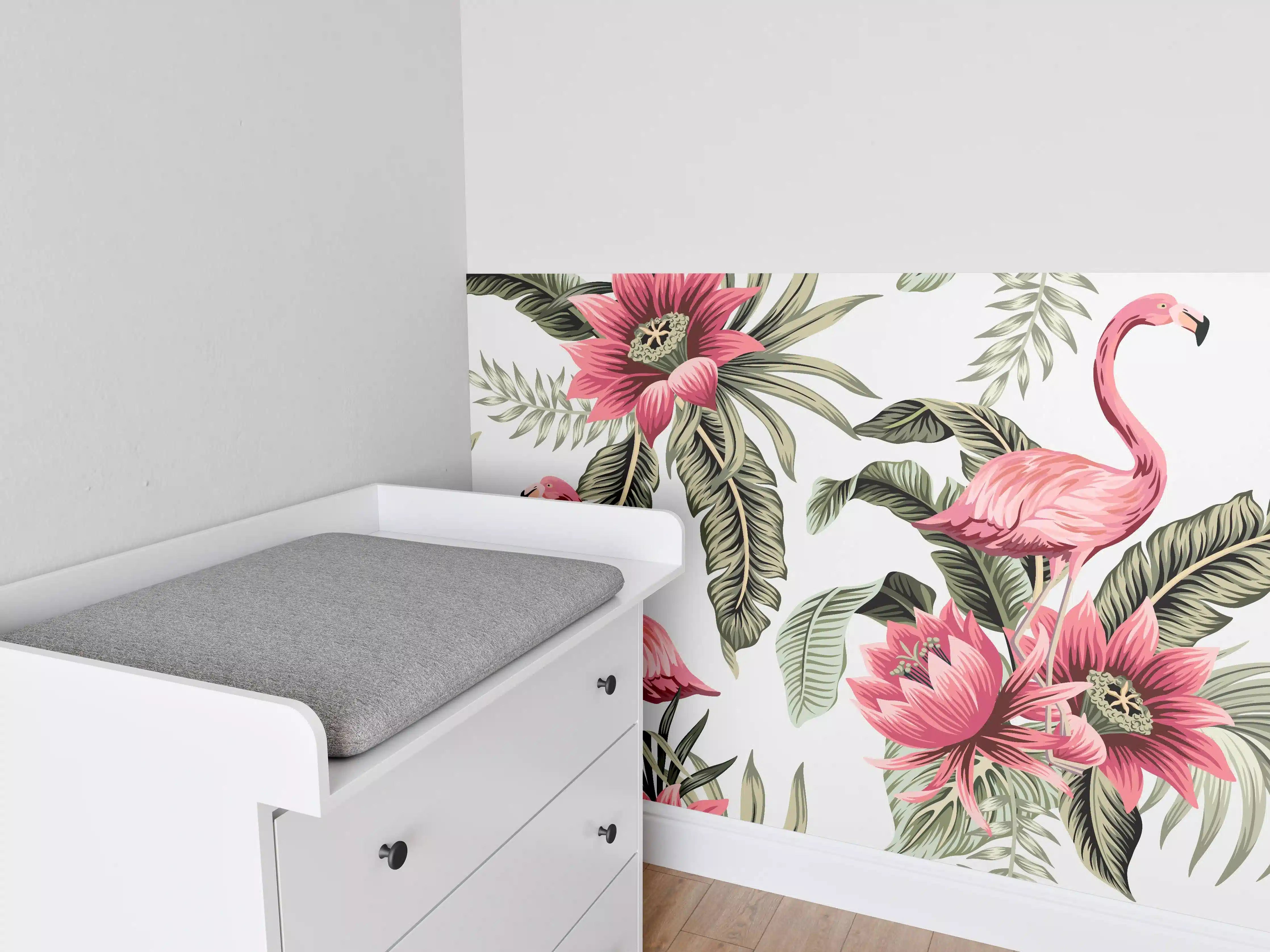 Babyzimmer Wandgestaltung - Flamingo & Tropenblumen Muster
