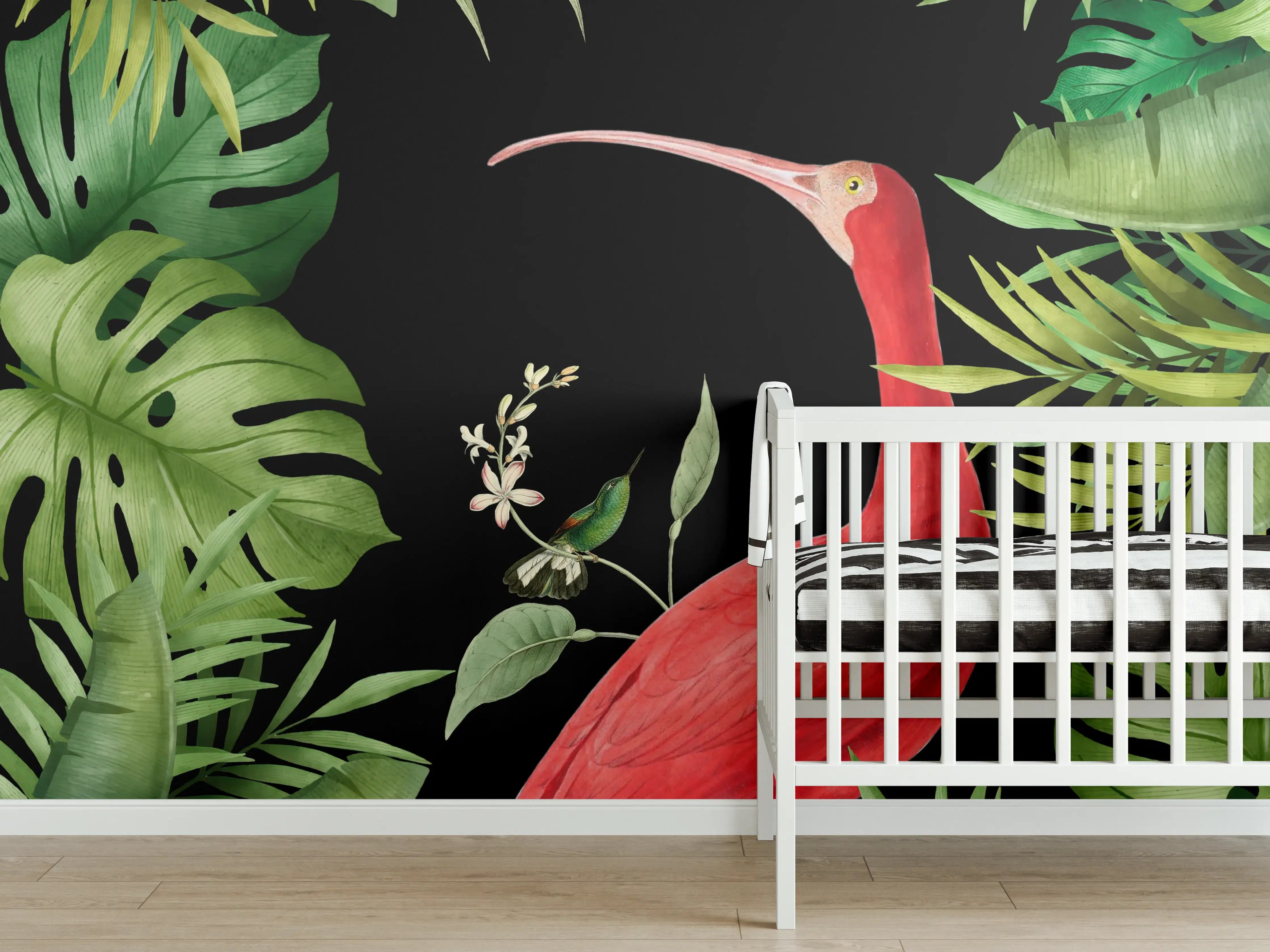 Babyzimmer Wandgestaltung - Flamingo im Pflanzenrahmen