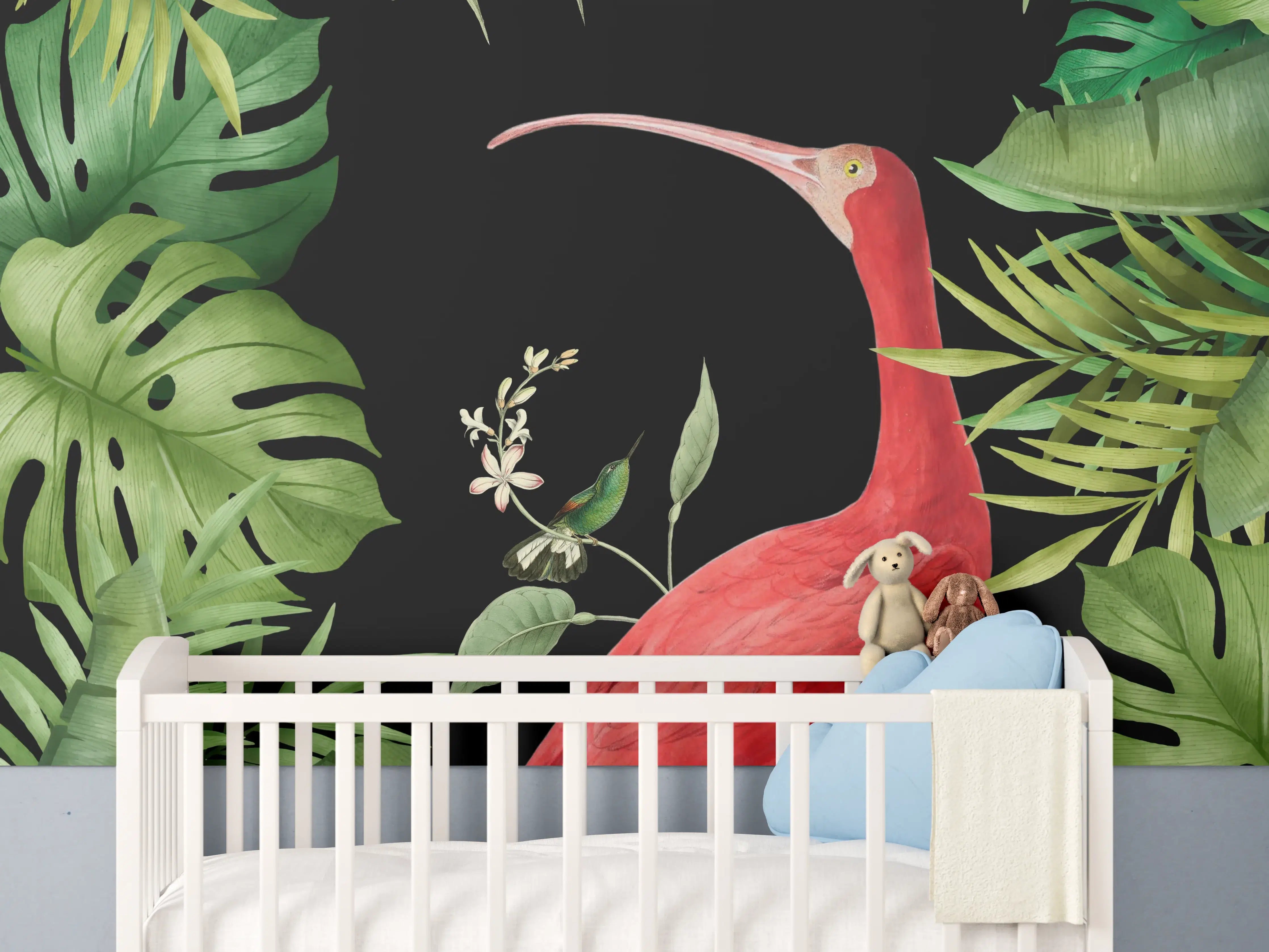 Babyzimmer Wandgestaltung - Flamingo im Pflanzenrahmen