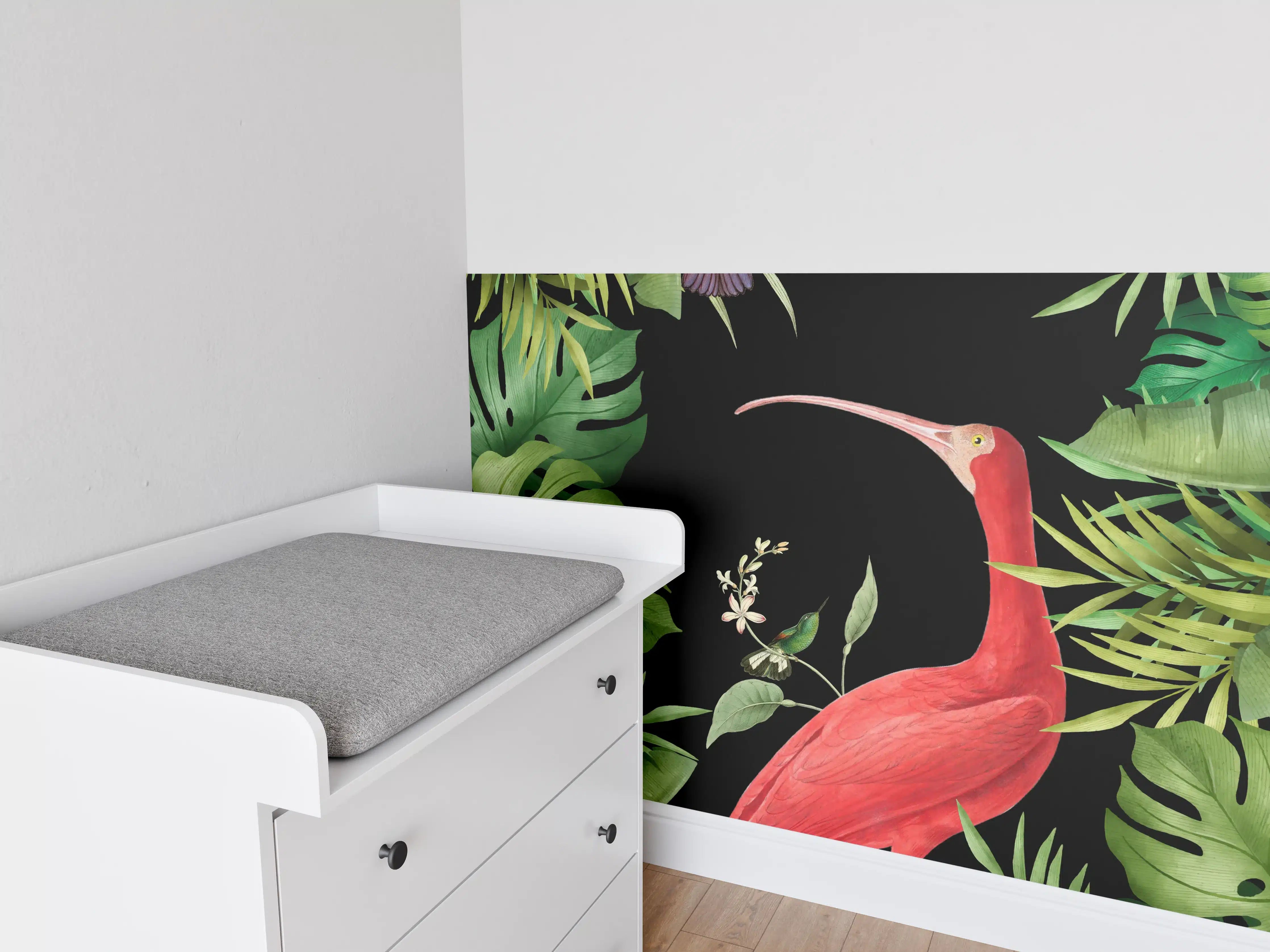 Babyzimmer Wandgestaltung - Flamingo im Pflanzenrahmen