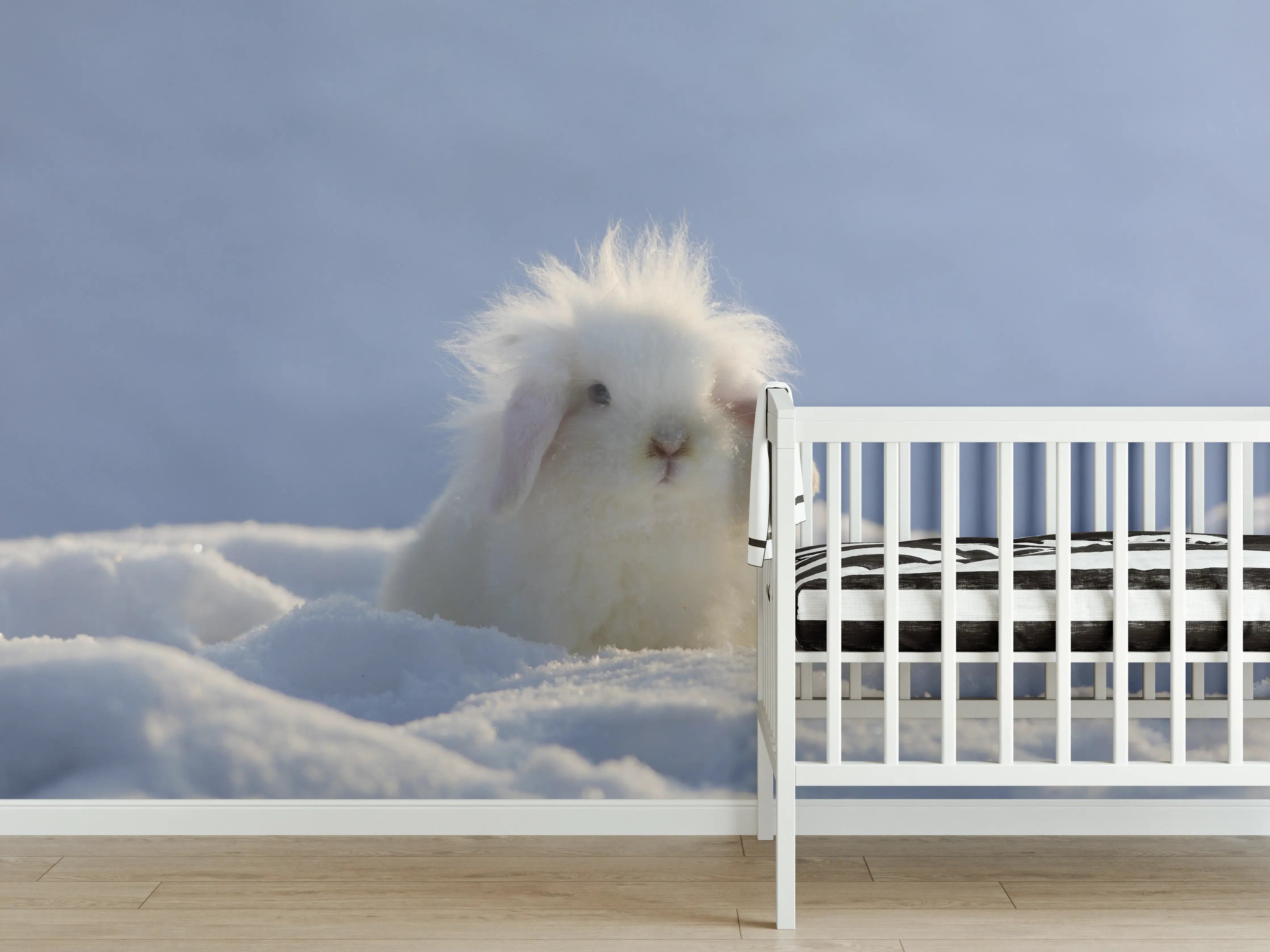 Babyzimmer Wandgestaltung - Flauschiges Kaninchen im Schnee