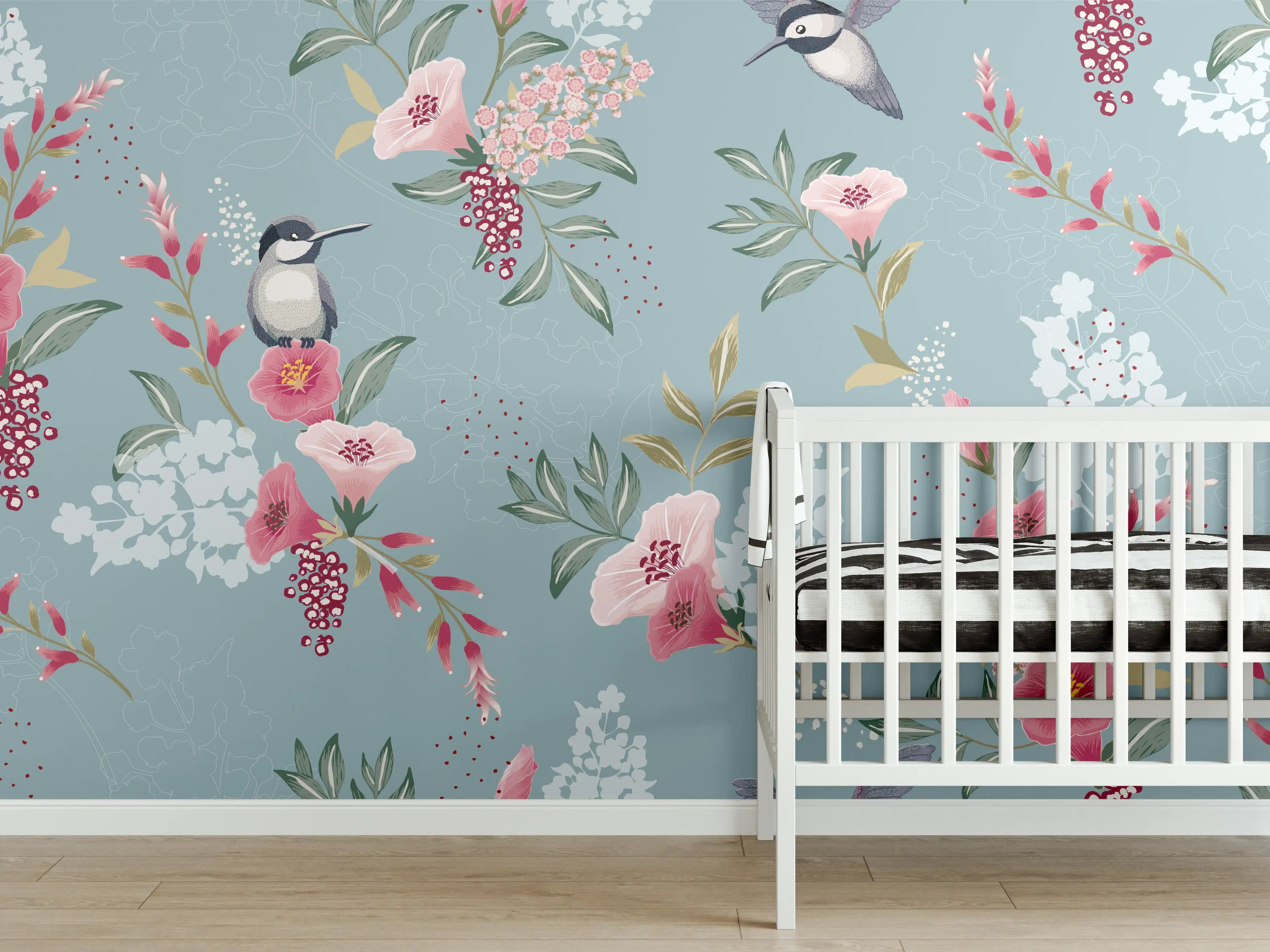 Babyzimmer Wandgestaltung - Floral-Bird-Muster Blaugrau