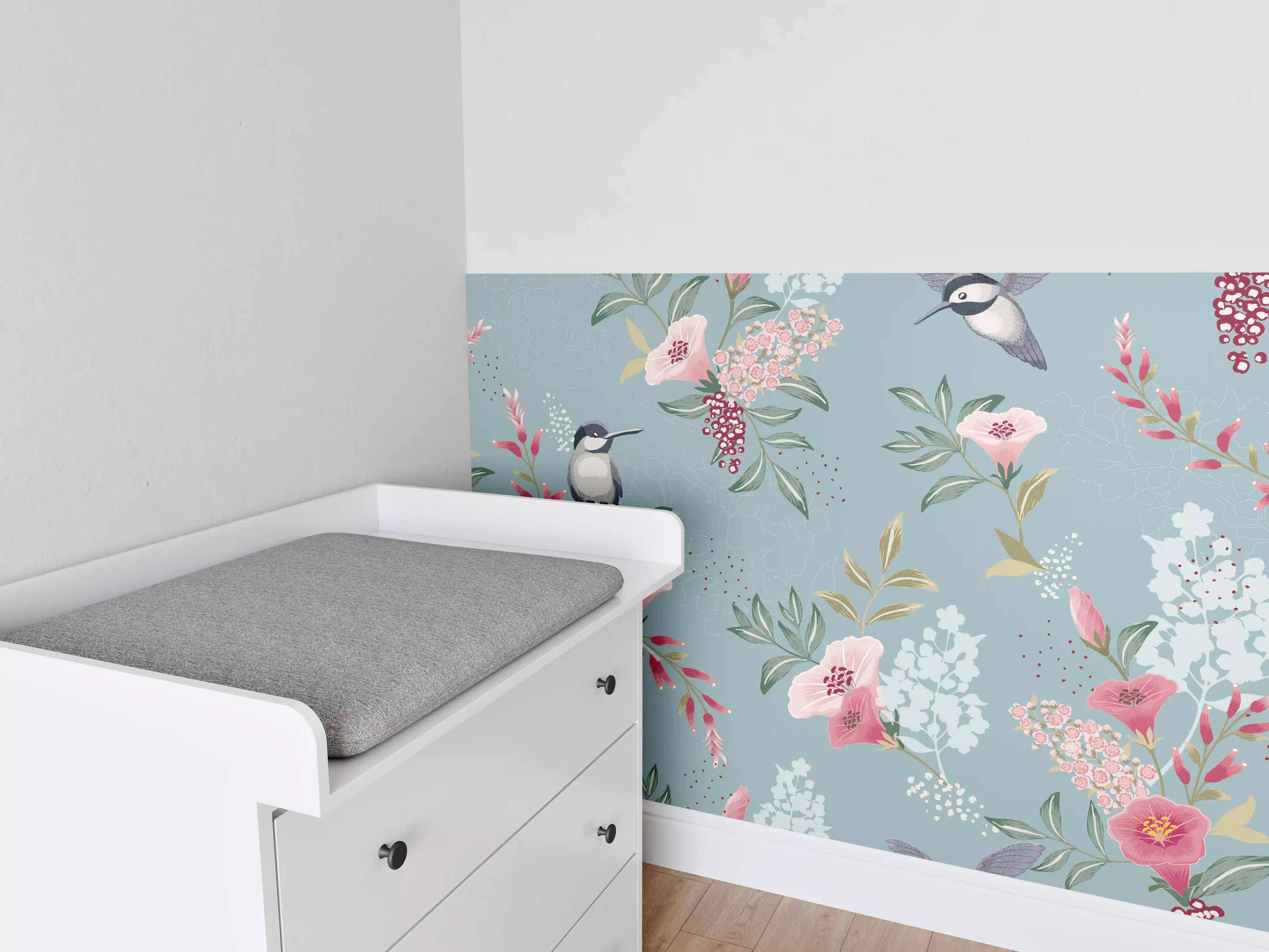 Babyzimmer Wandgestaltung - Floral-Bird-Muster Blaugrau