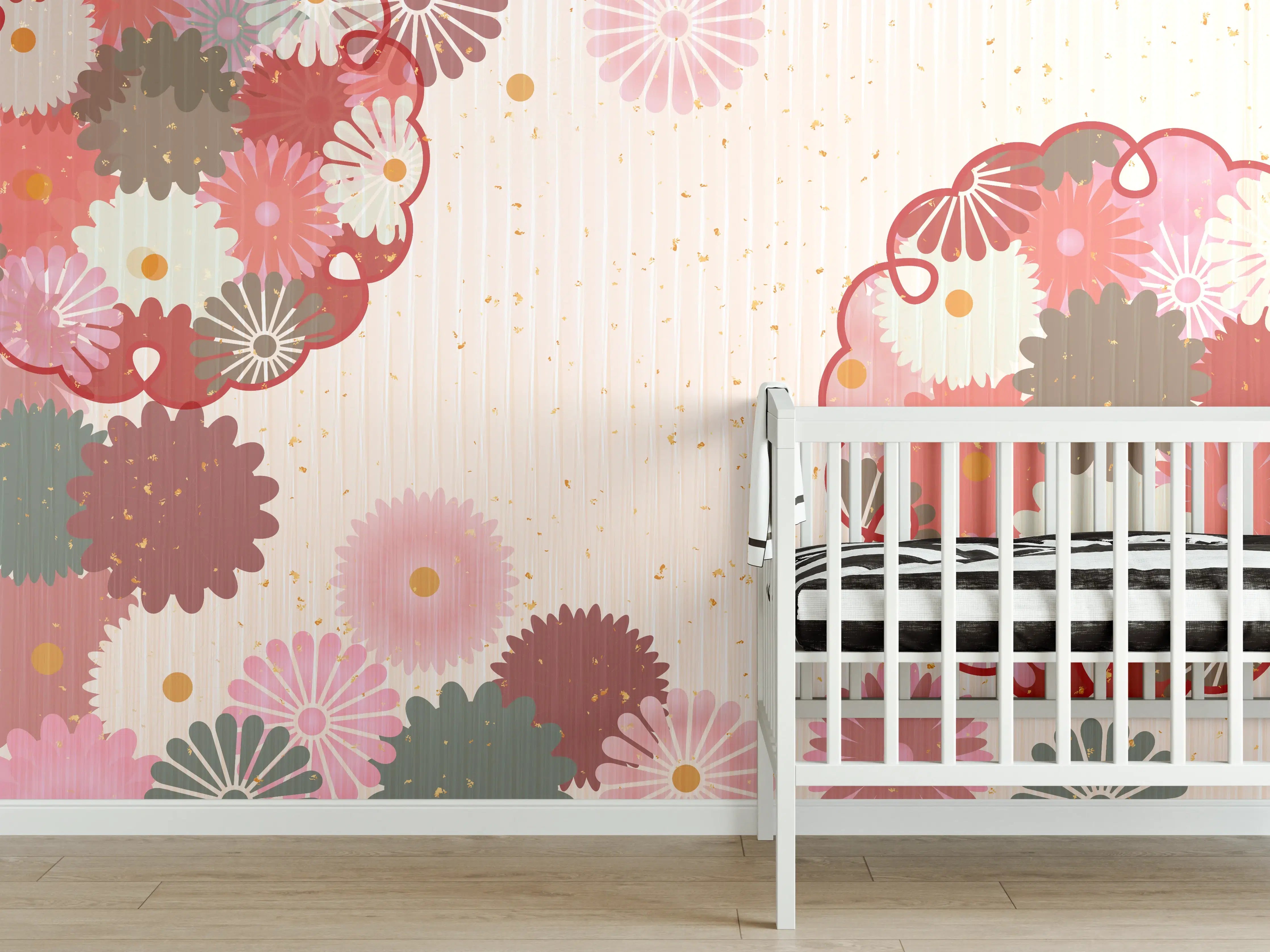 Babyzimmer Wandgestaltung - Floral Blumenmuster Beige Rot