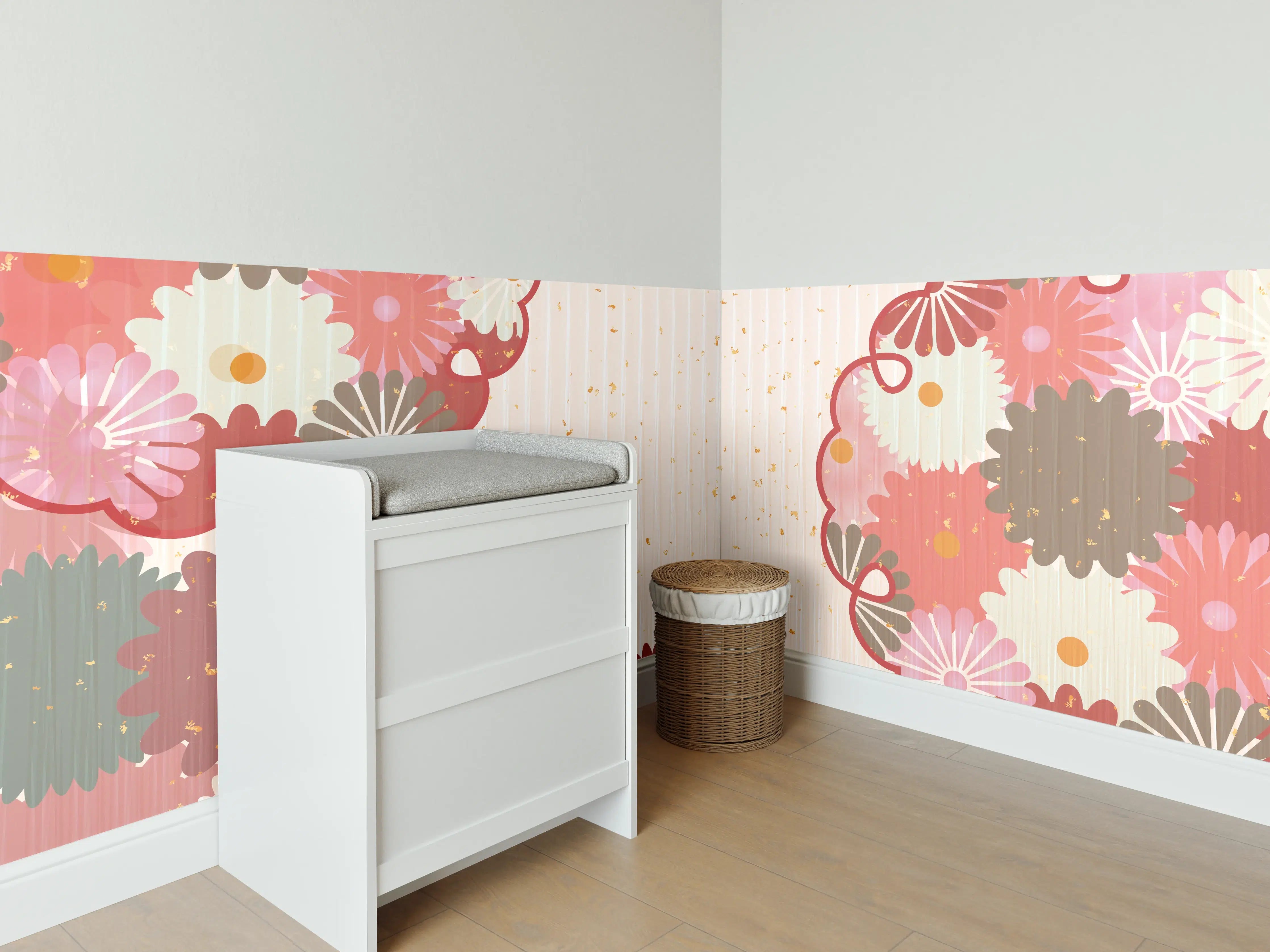 Babyzimmer Wandgestaltung - Floral Blumenmuster Beige Rot