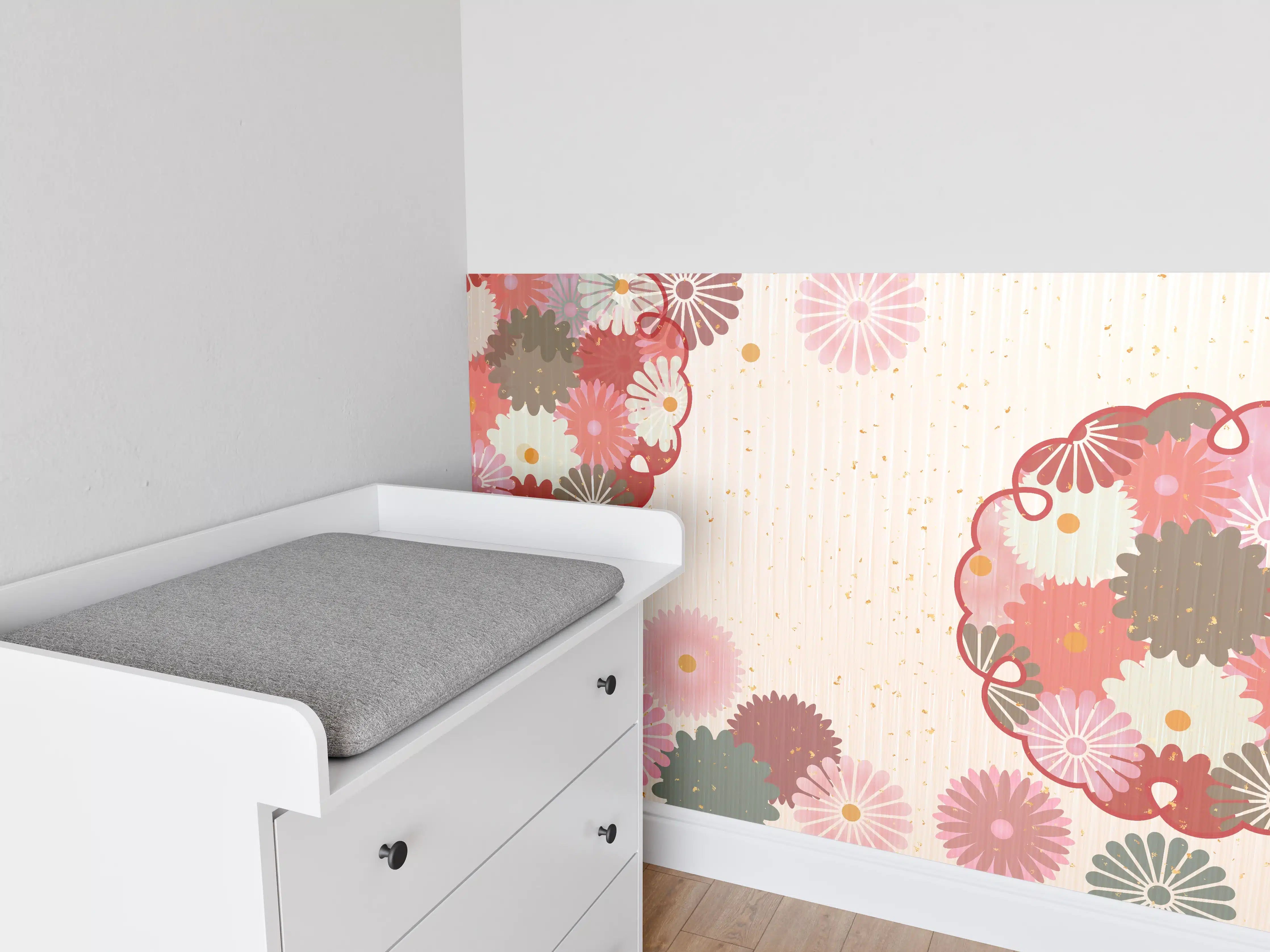 Babyzimmer Wandgestaltung - Floral Blumenmuster Beige Rot