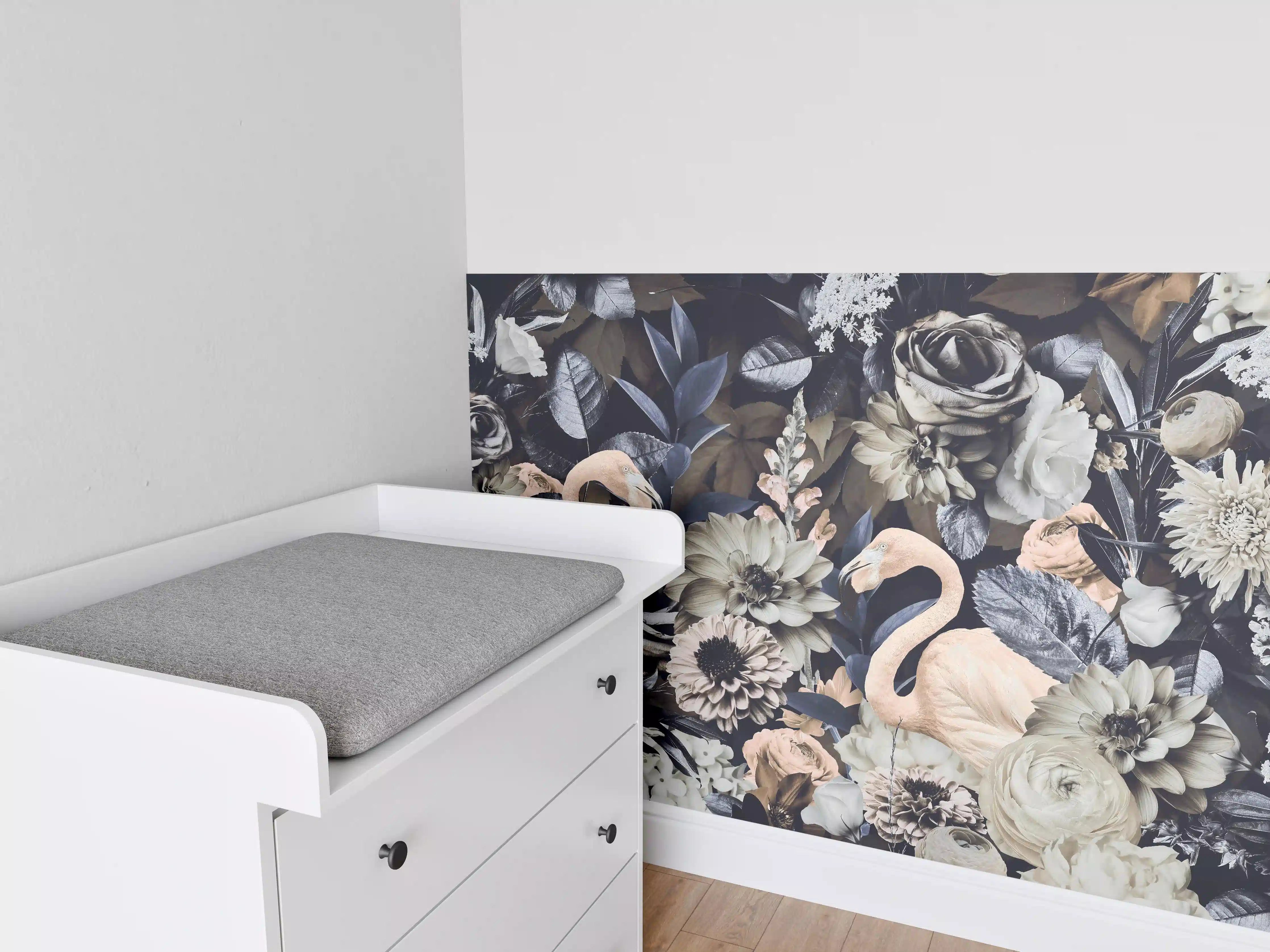 Babyzimmer Wandgestaltung - Floral-Flamingo Muster Grau-Weiß