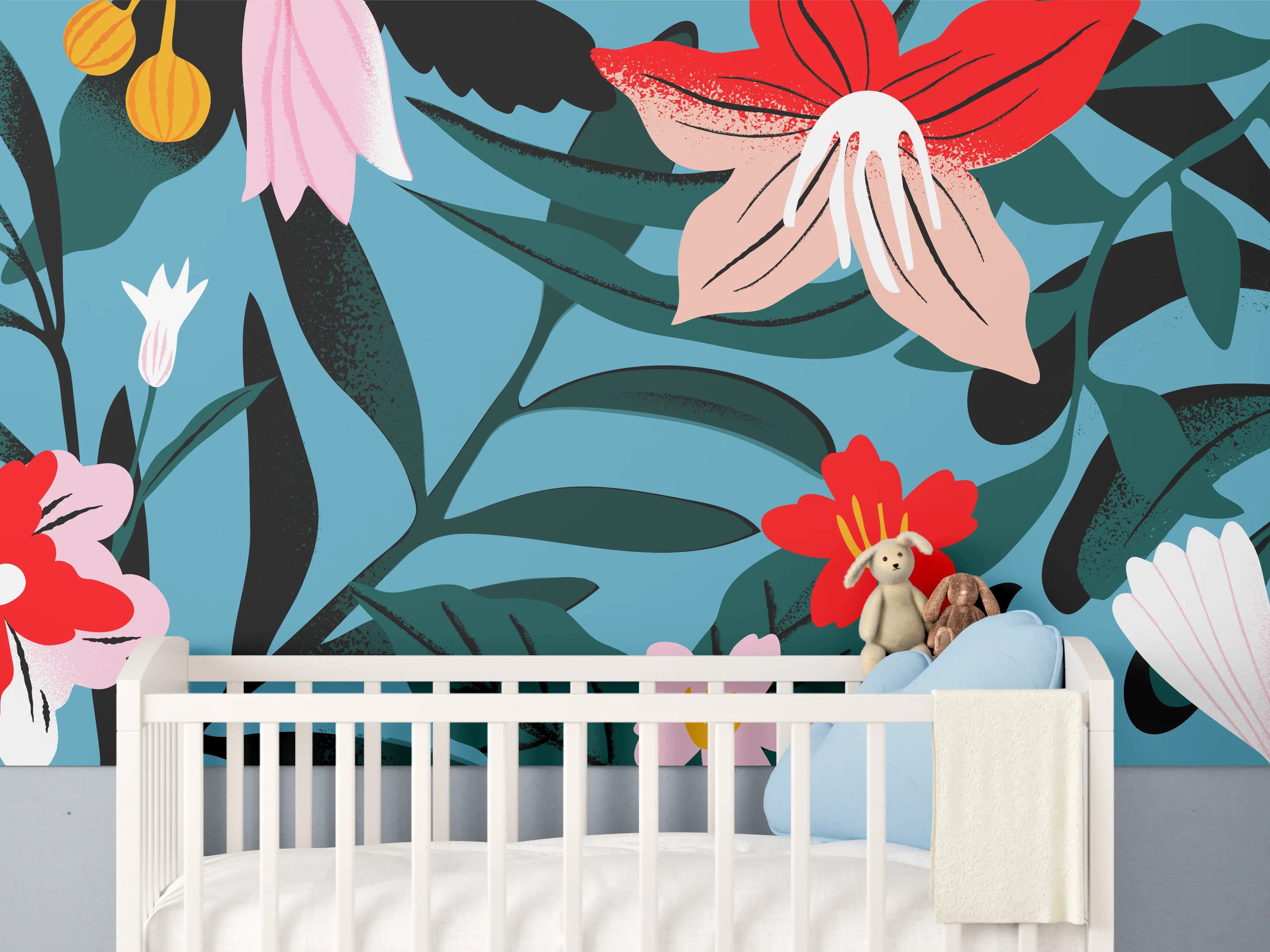Babyzimmer Wandgestaltung - Florales Blau-Rot Muster