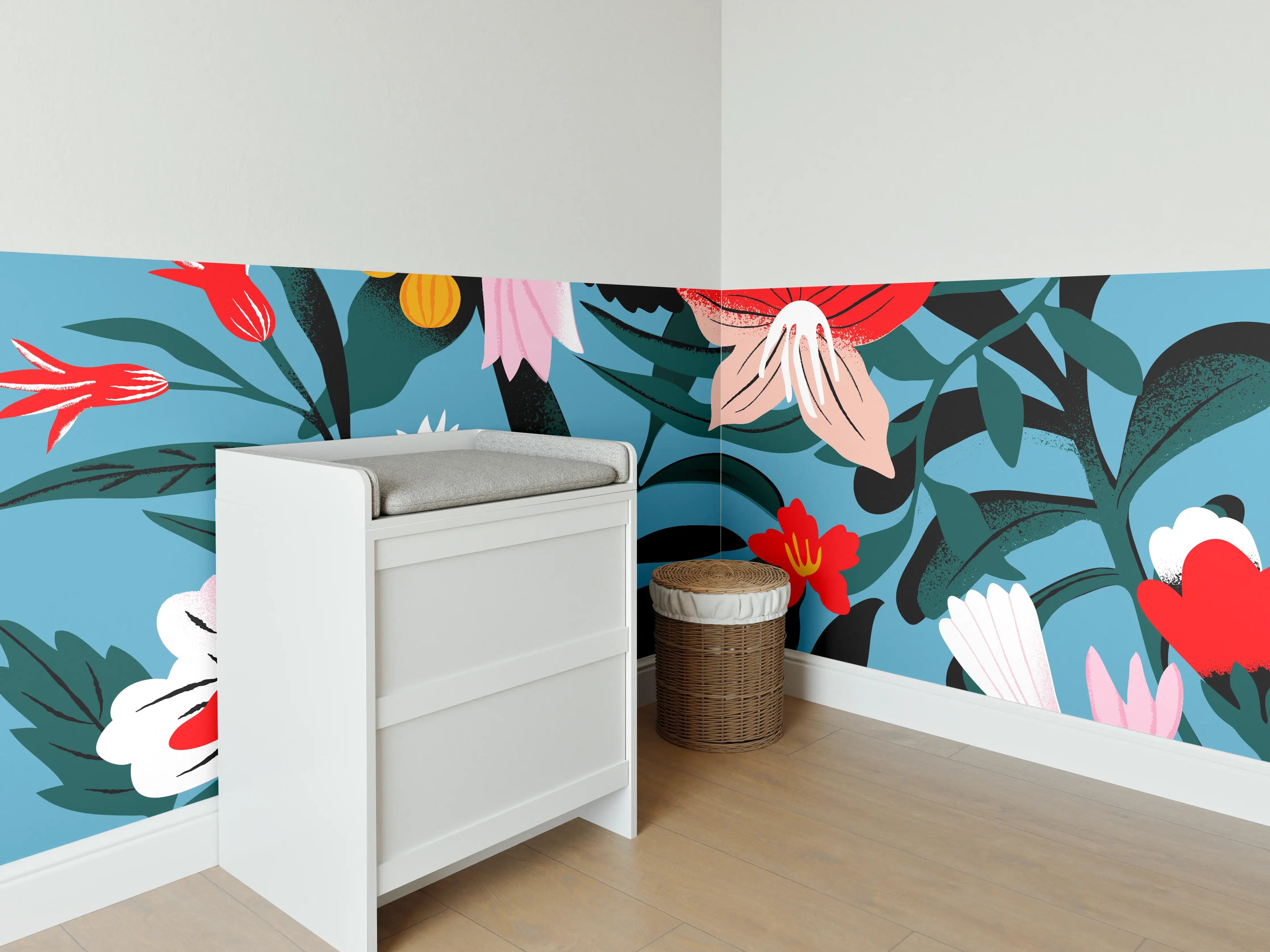 Babyzimmer Wandgestaltung - Florales Blau-Rot Muster