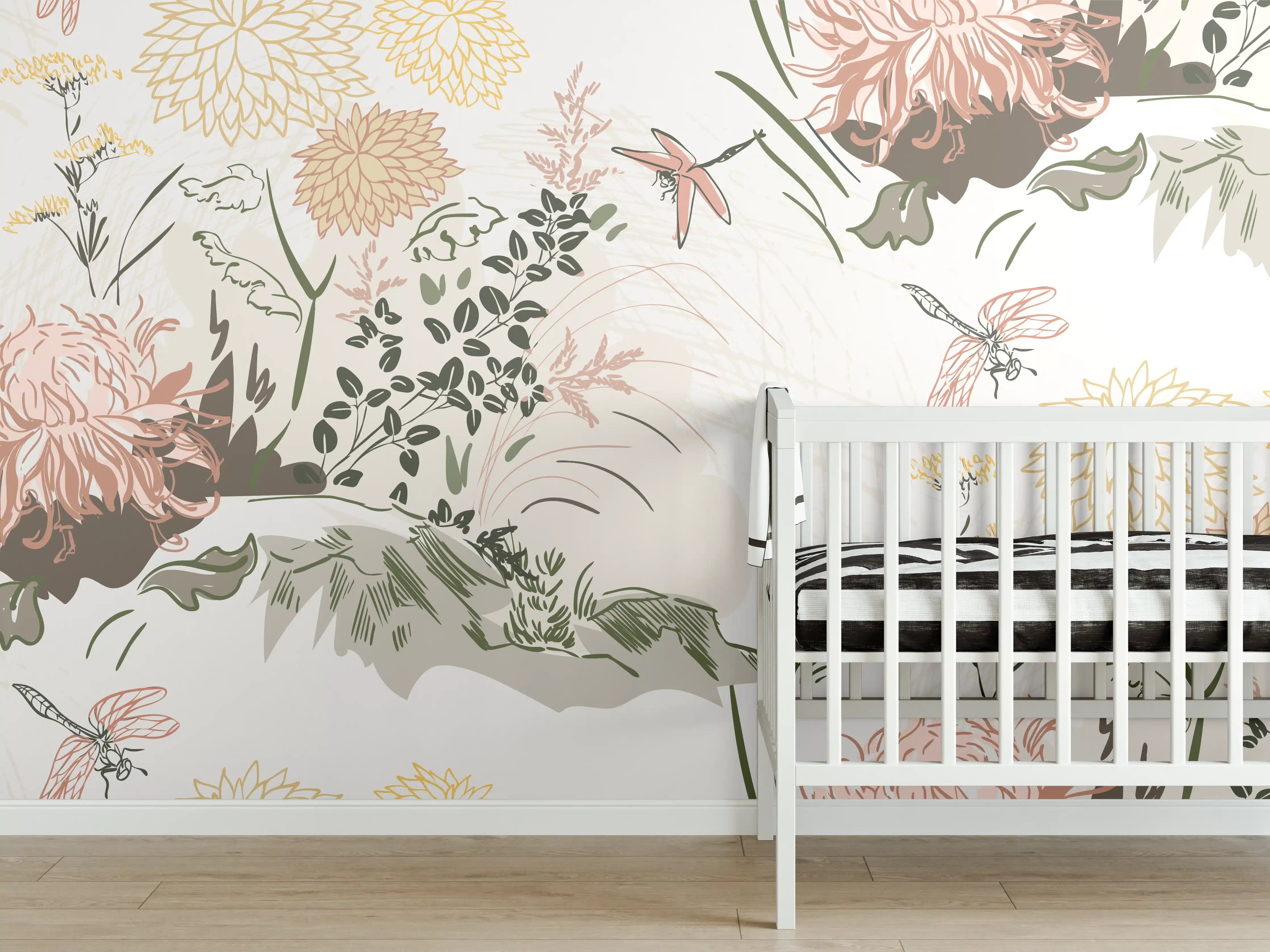 Babyzimmer Wandgestaltung - Florales Muster Beige-Grün-Rosa