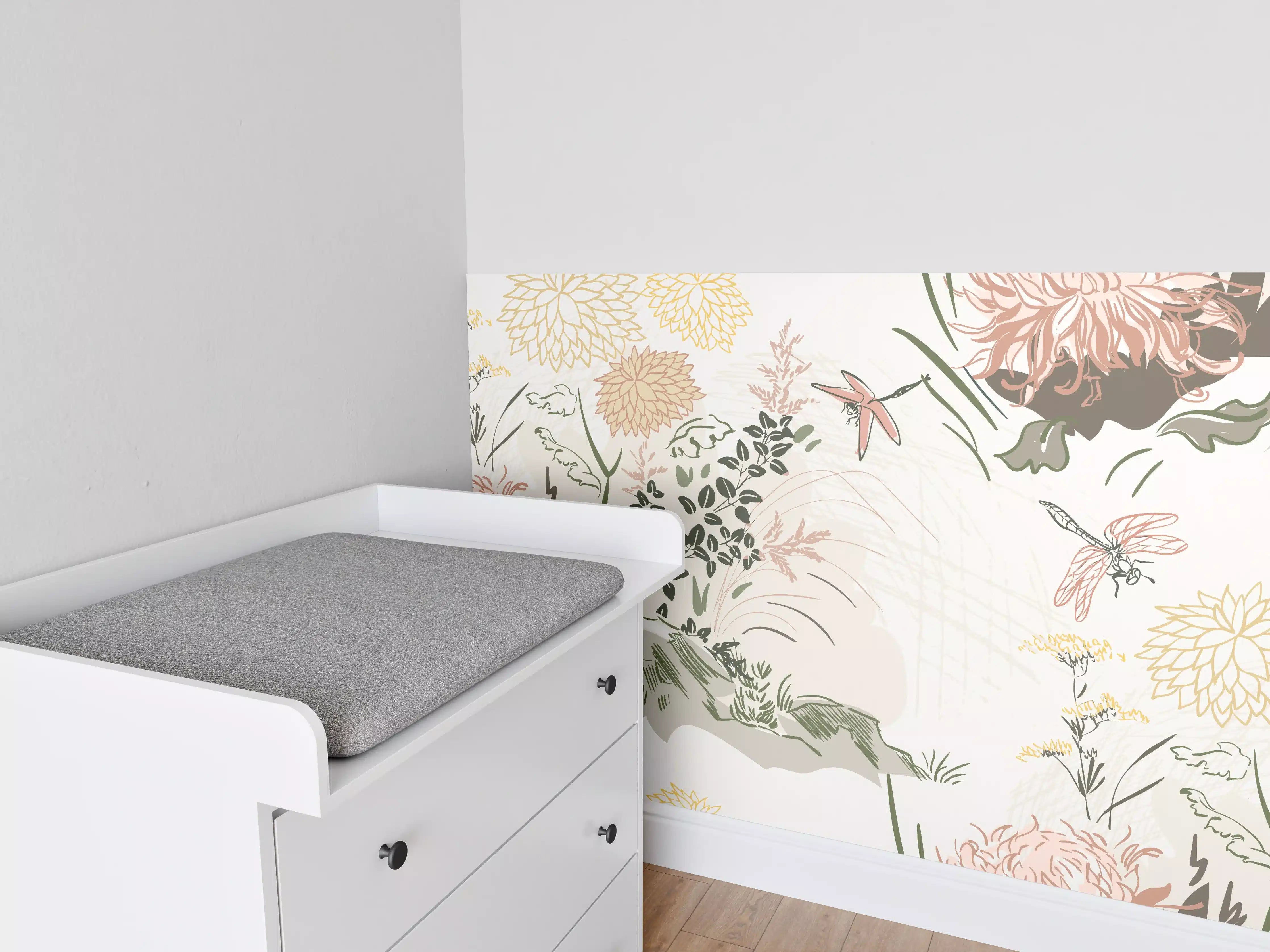 Babyzimmer Wandgestaltung - Florales Muster Beige-Grün-Rosa