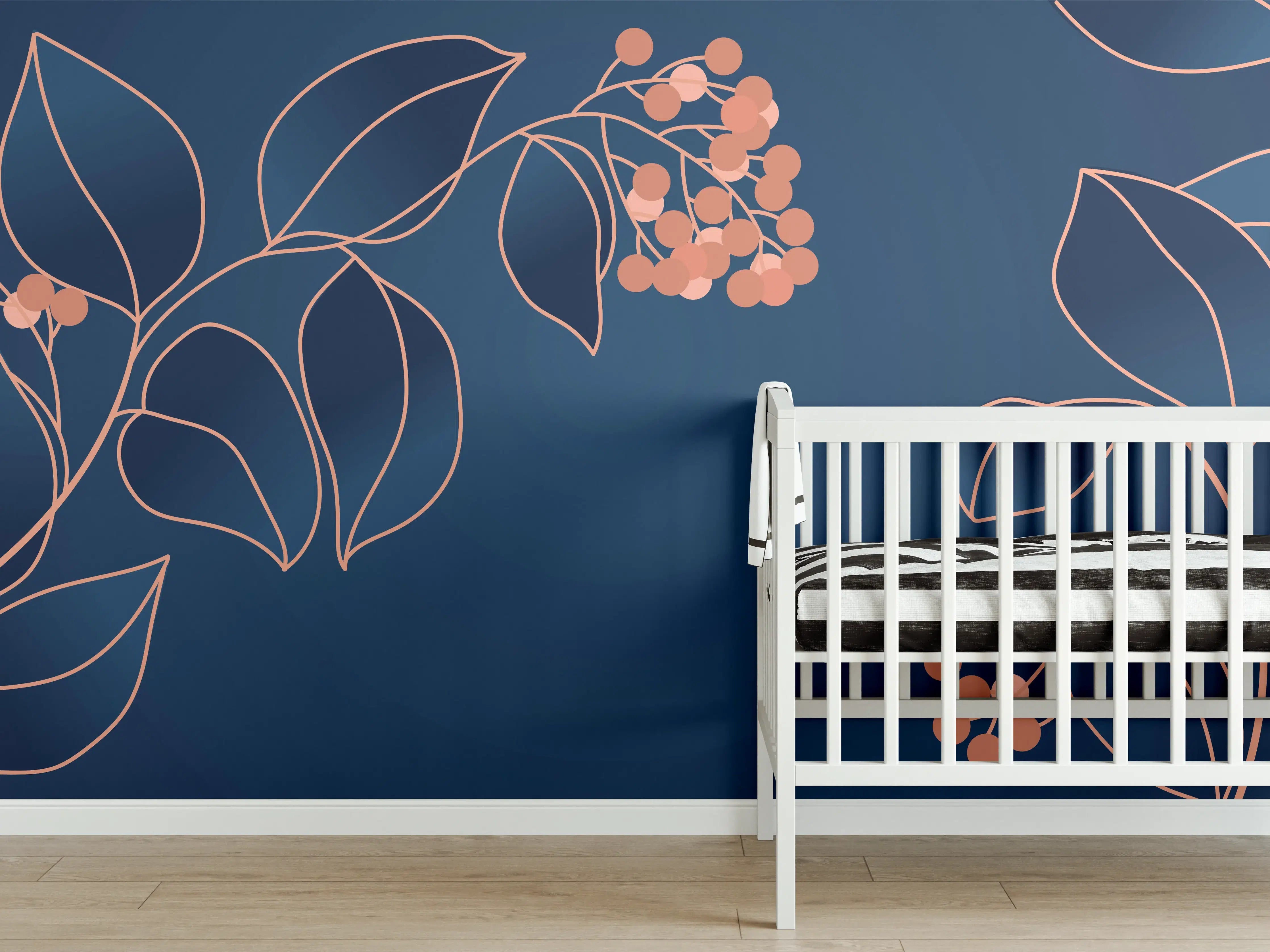 Babyzimmer Wandgestaltung - Florales Muster Navy-Orange