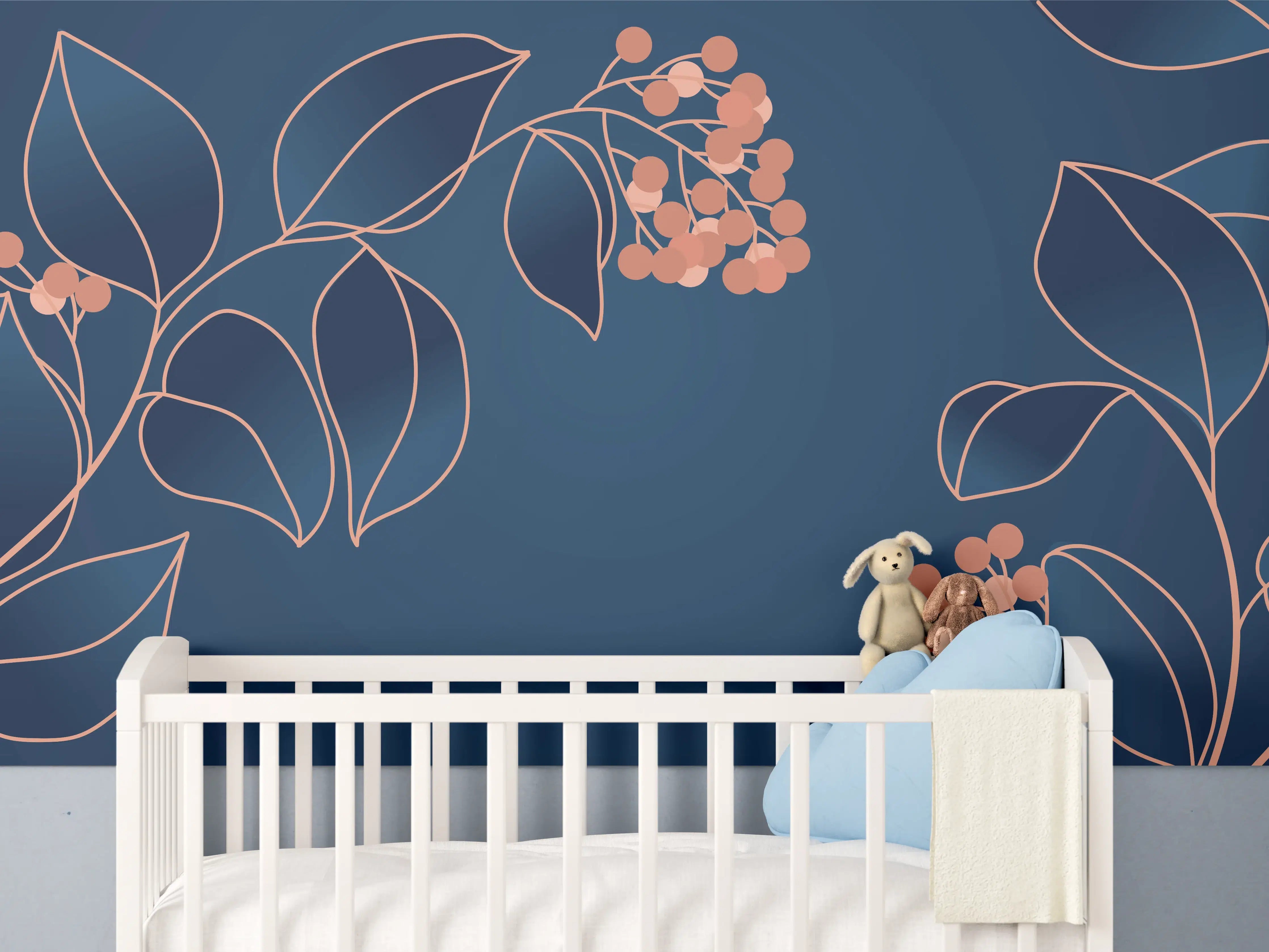 Babyzimmer Wandgestaltung - Florales Muster Navy-Orange