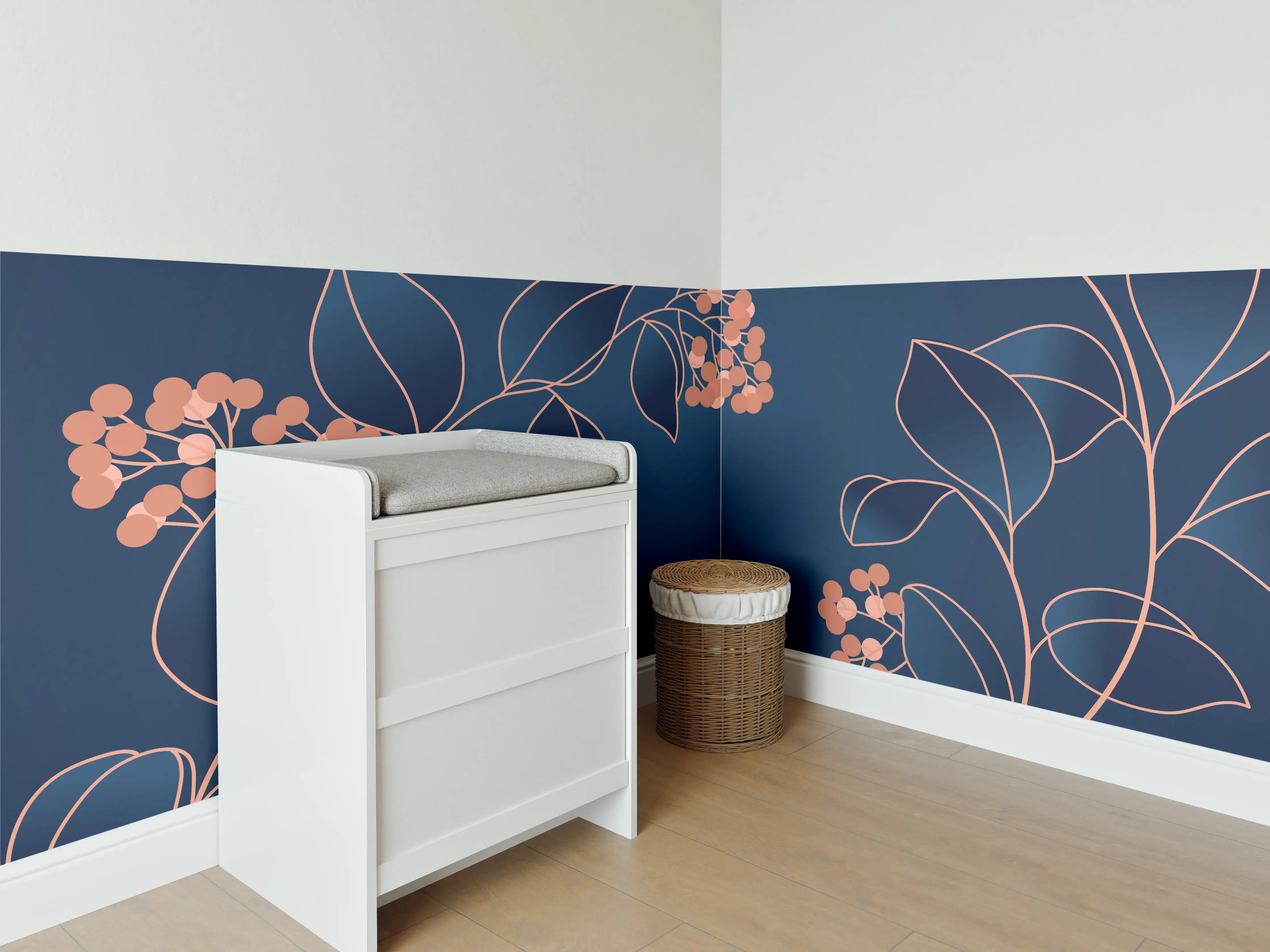 Babyzimmer Wandgestaltung - Florales Muster Navy-Orange