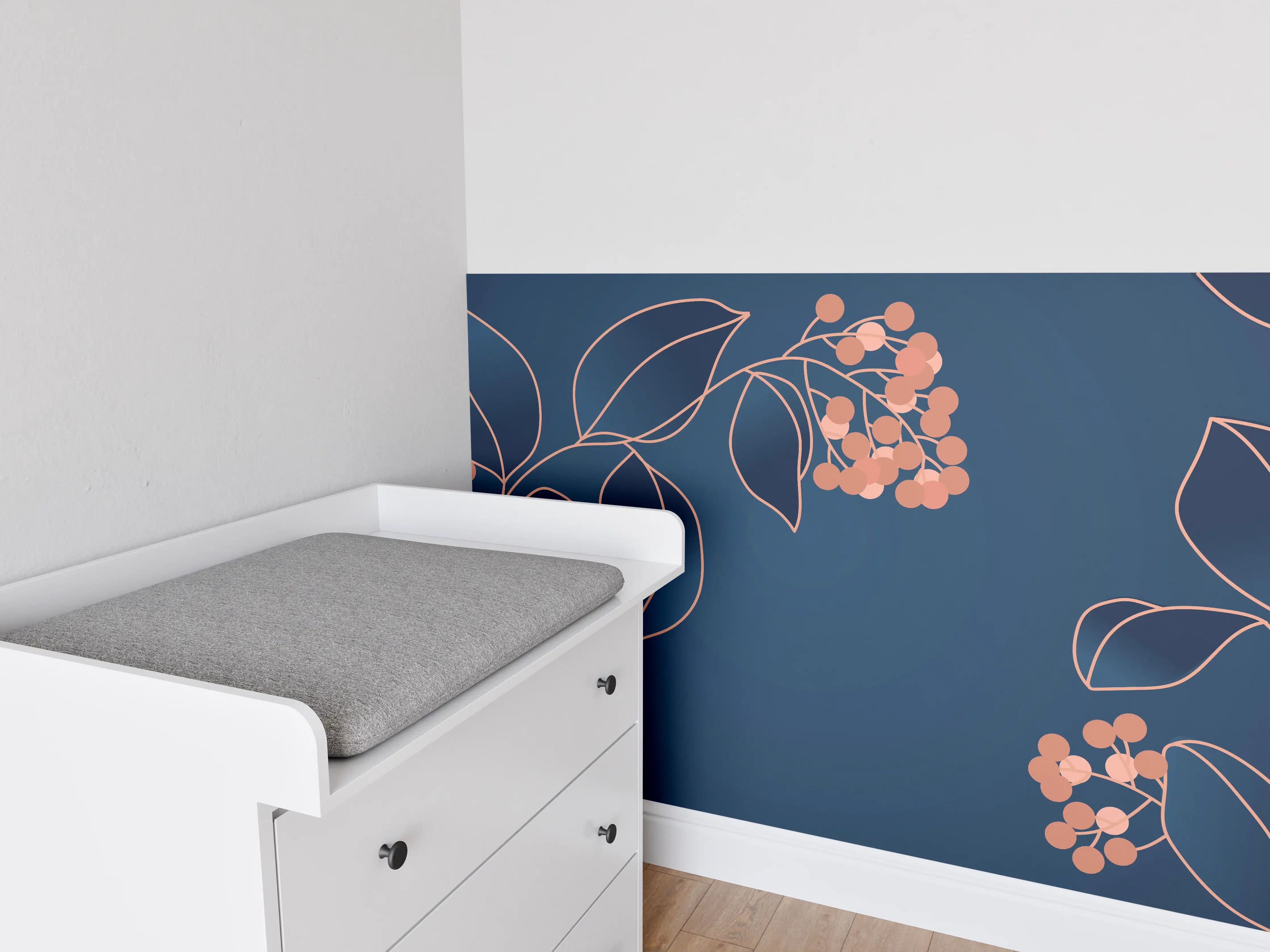 Babyzimmer Wandgestaltung - Florales Muster Navy-Orange