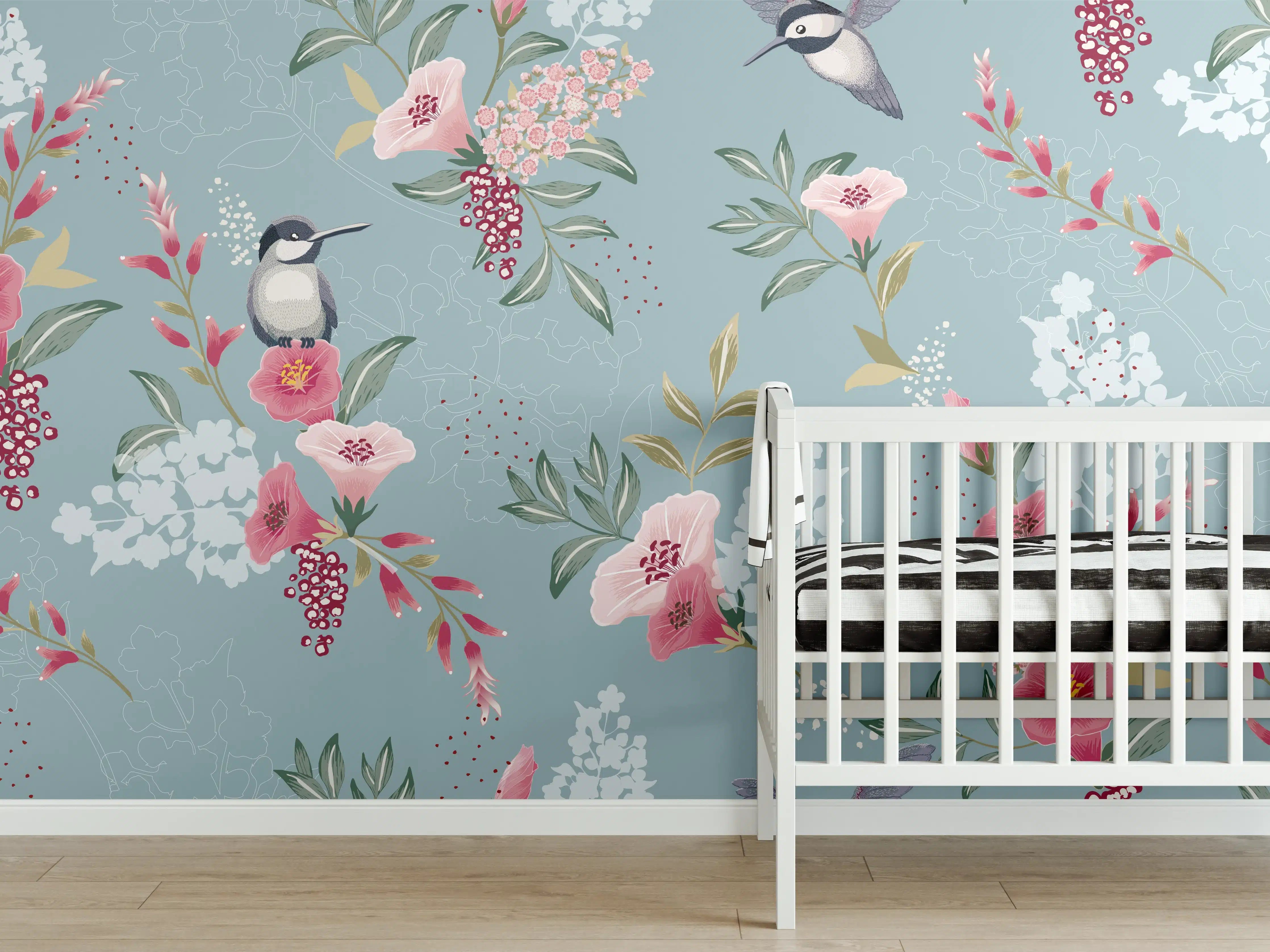 Babyzimmer Wandgestaltung - Florales Muster mit Vögeln Pastell