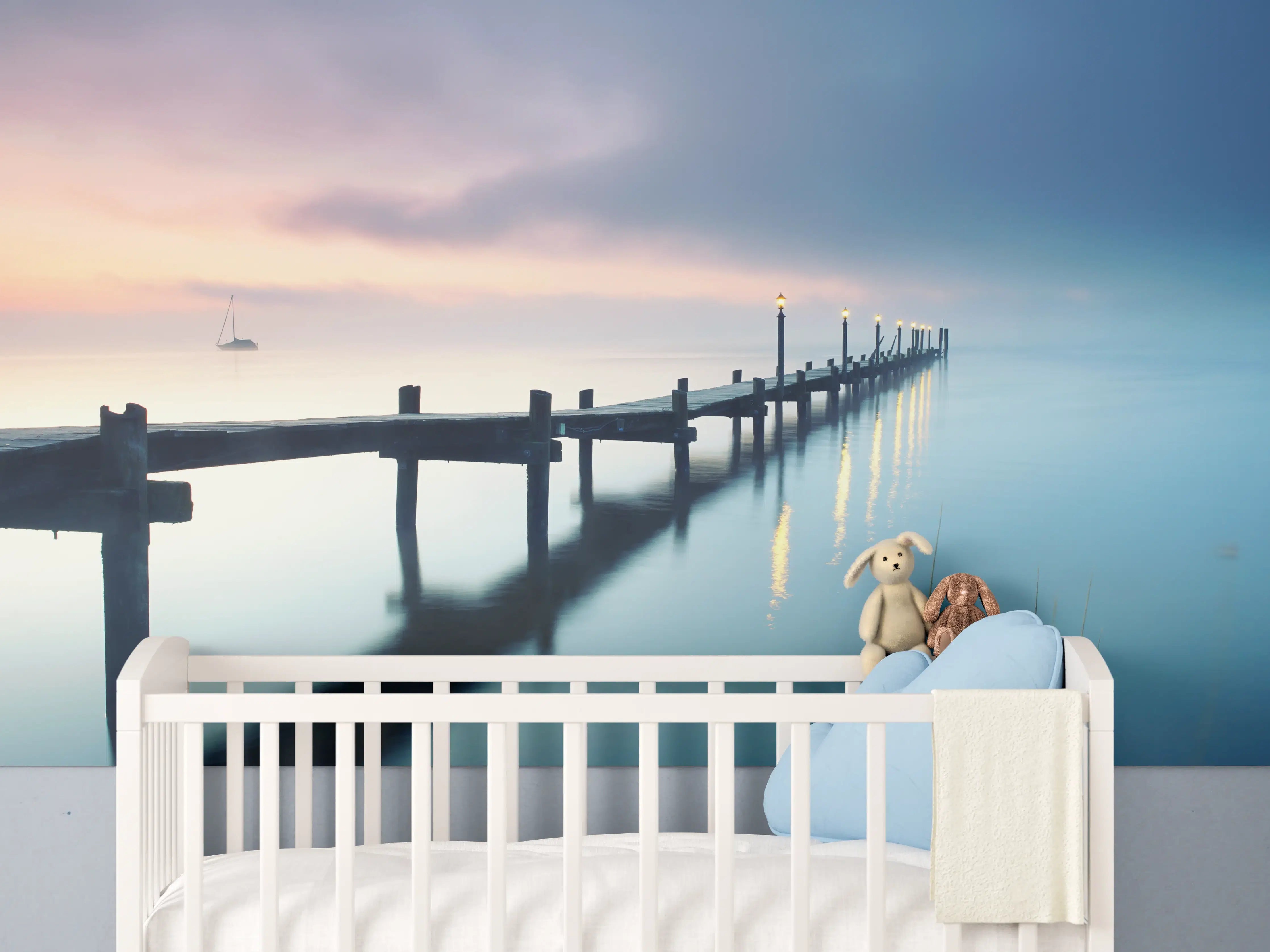 Babyzimmer Wandgestaltung - Friedlicher Meer Steg am Morgen