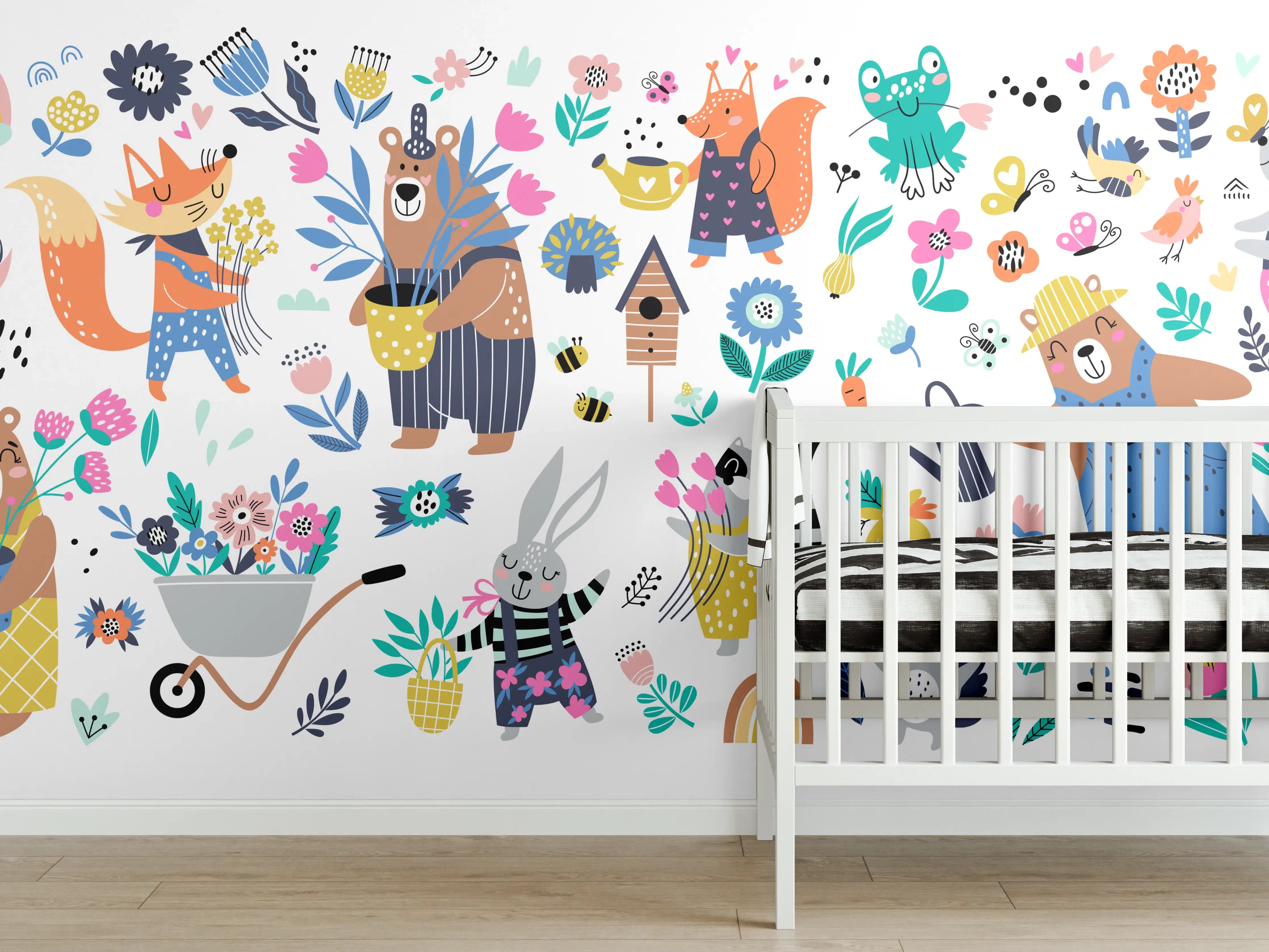 Babyzimmer Wandgestaltung - Fröhliche Tier- und Pflanzenwelt in bunten Farben