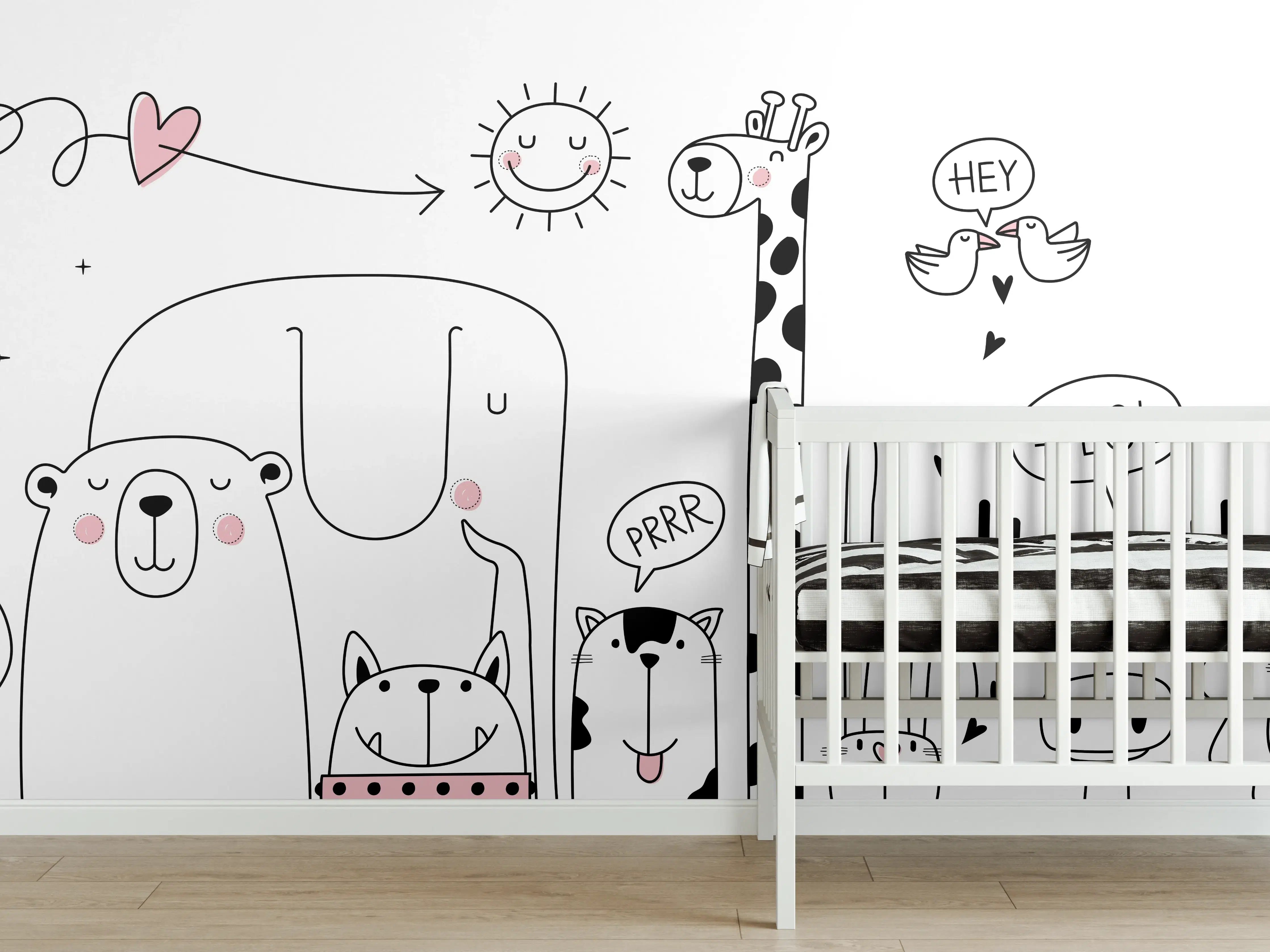 Babyzimmer Wandgestaltung - Fröhliche Tiermotive Schwarz-Weiß
